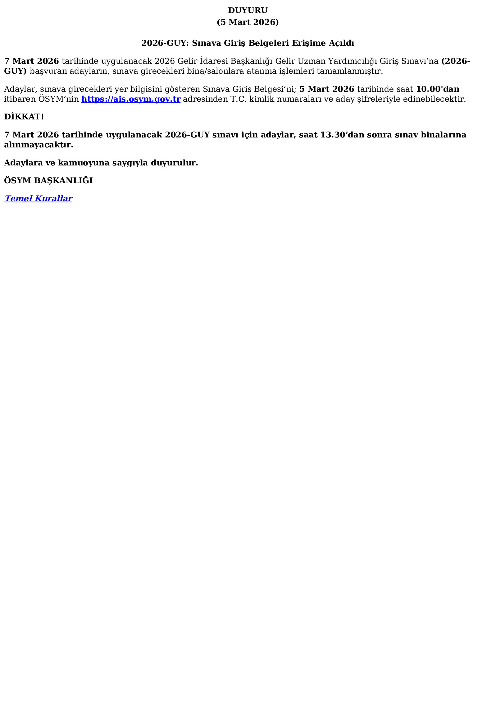 2026-GUY: Sınava Giriş Belgeleri Erişime Açıldı (05.03.2026) Ösym Tarafından Yapılan Açıklama
