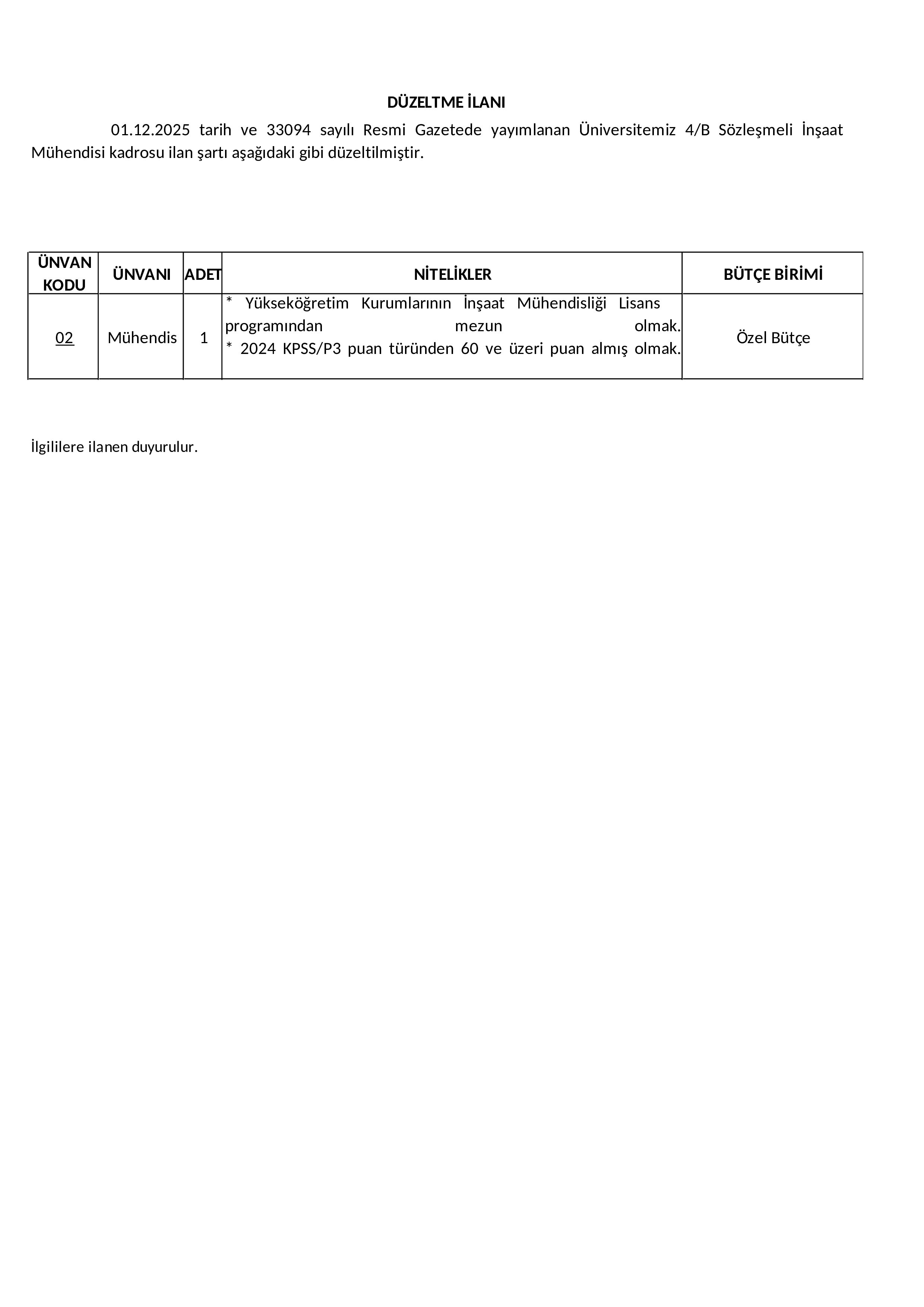 BALIKESİR ÜNİVERSİTESİ DÜZELTME İLANI ( 1 Aralık - 15 Aralık) İlan İçeriği Sayfa 1