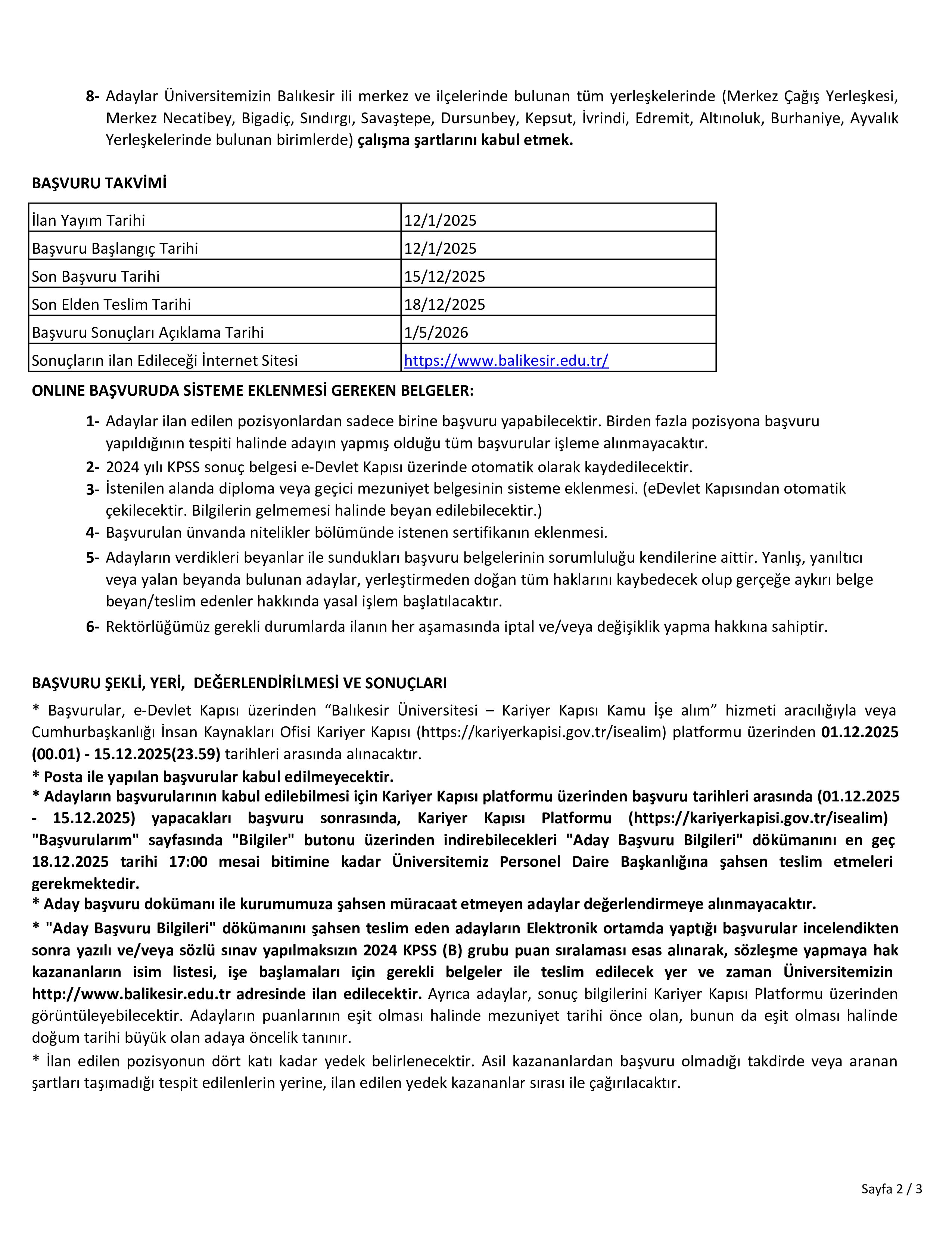 BALIKESİR ÜNİVERSİTESİ 3 SÖZLEŞMELİ PERSONEL ALACAK ( 1 Aralık - 15 Aralık) İlan İçeriği Sayfa 2