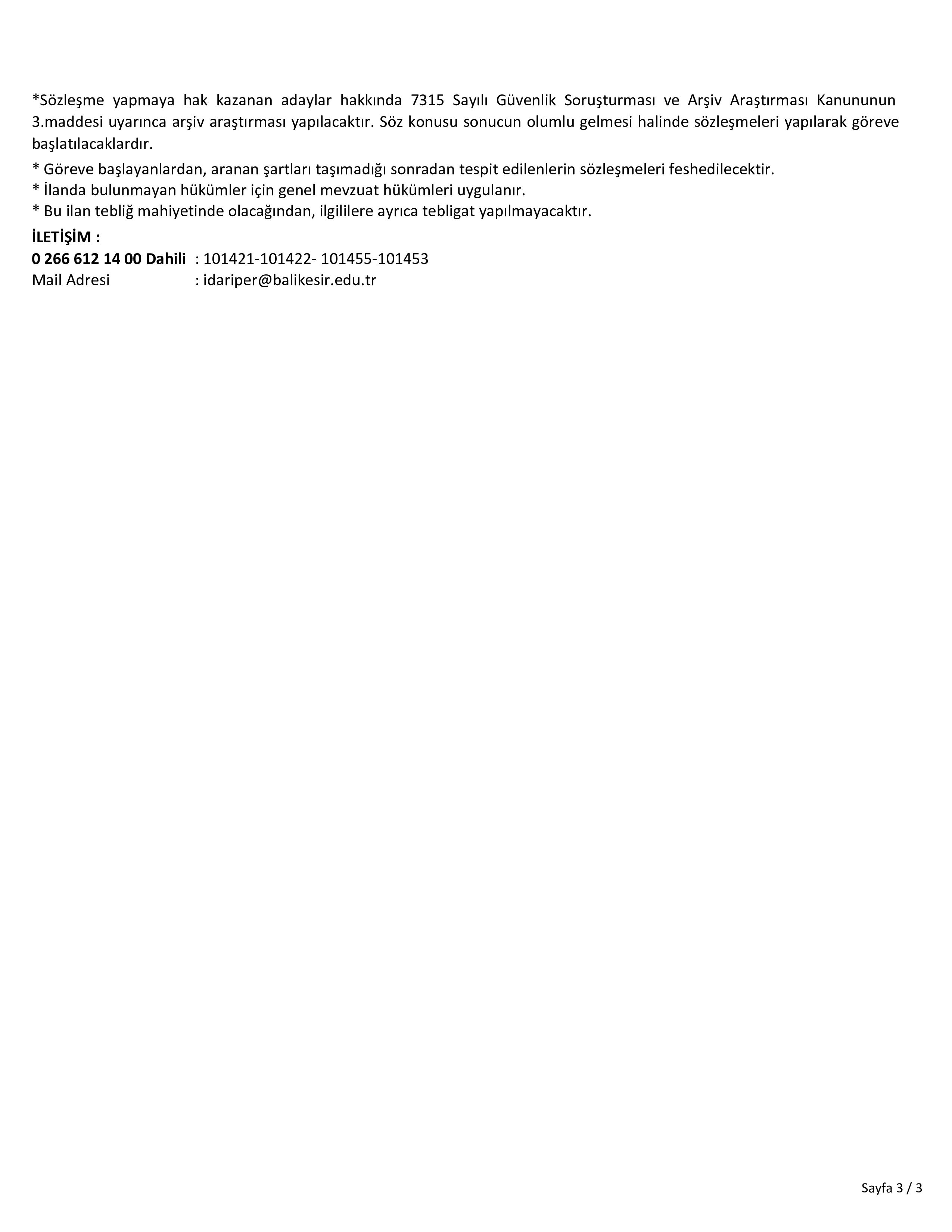 BALIKESİR ÜNİVERSİTESİ 3 SÖZLEŞMELİ PERSONEL ALACAK ( 1 Aralık - 15 Aralık) İlan İçeriği Sayfa 3