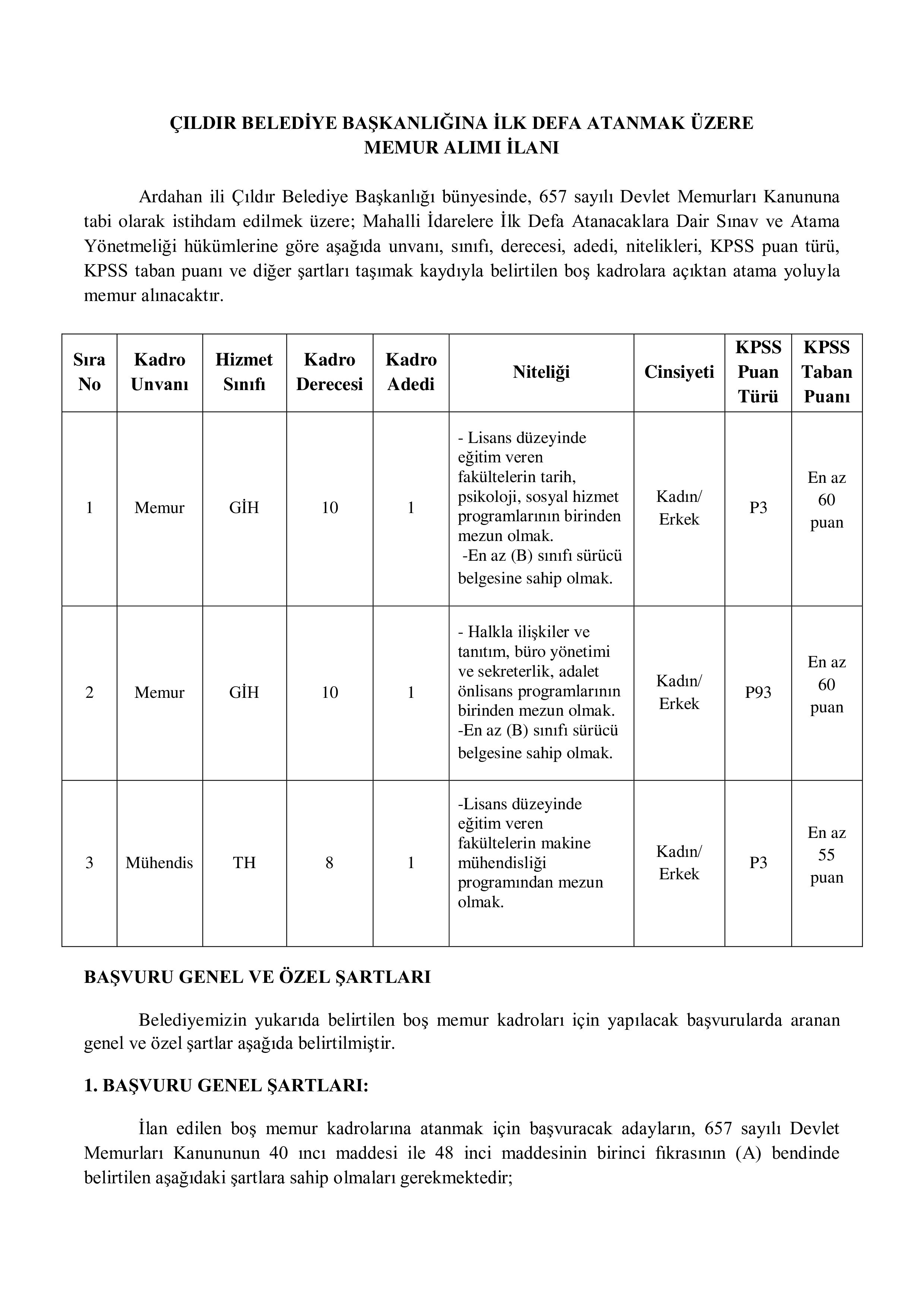 ÇILDIR BELEDİYE BAŞKANLIĞI ( 13 Ocak - 20 Ocak) İlan İçeriği Sayfa 1
