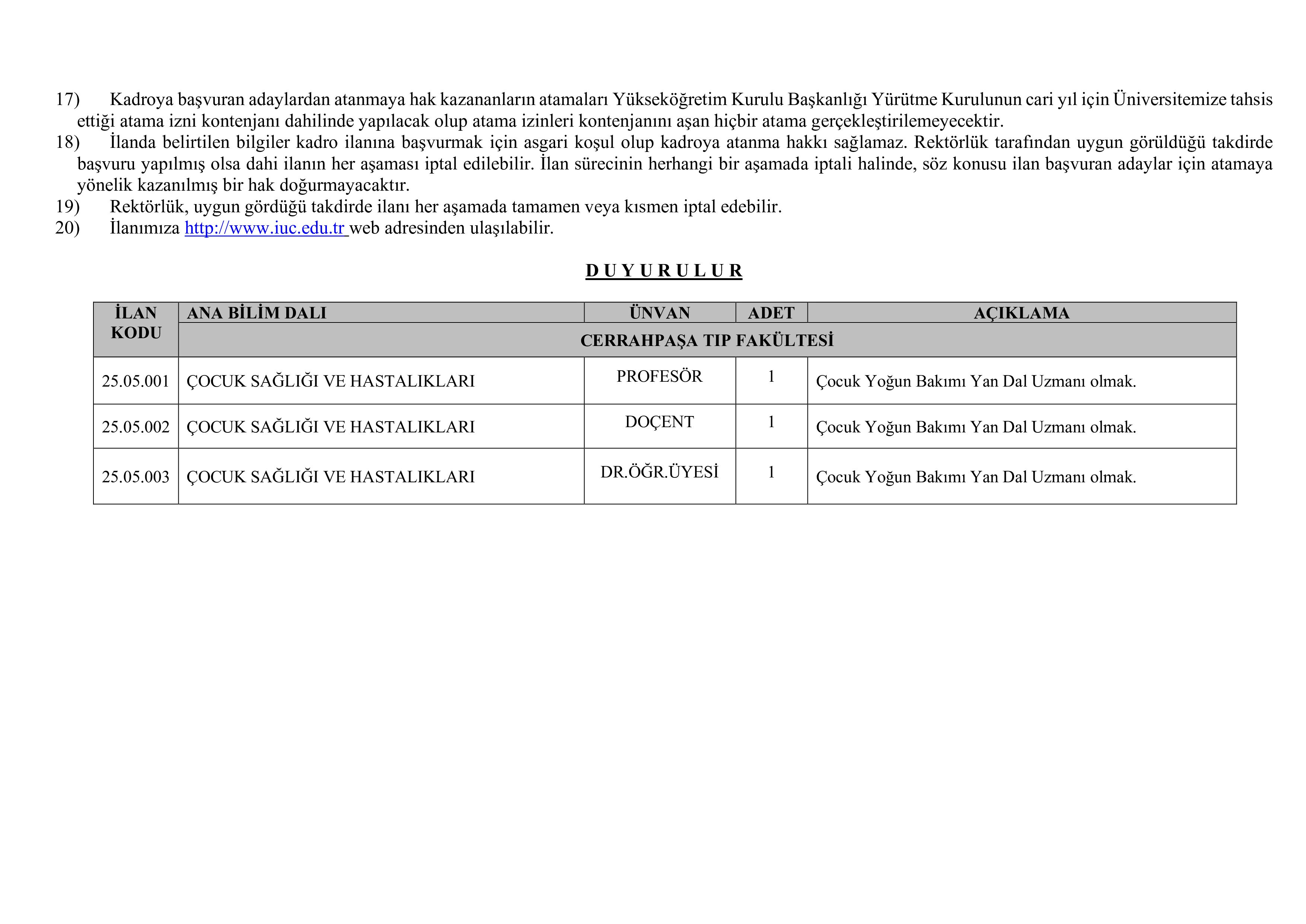 İSTANBUL ÜNİVERSİTESİ-CERRAHPAŞA 3 ÖĞRETİM ÜYESİ ALACAK ( 1 Aralık - 15 Aralık) İlan İçeriği Sayfa 3
