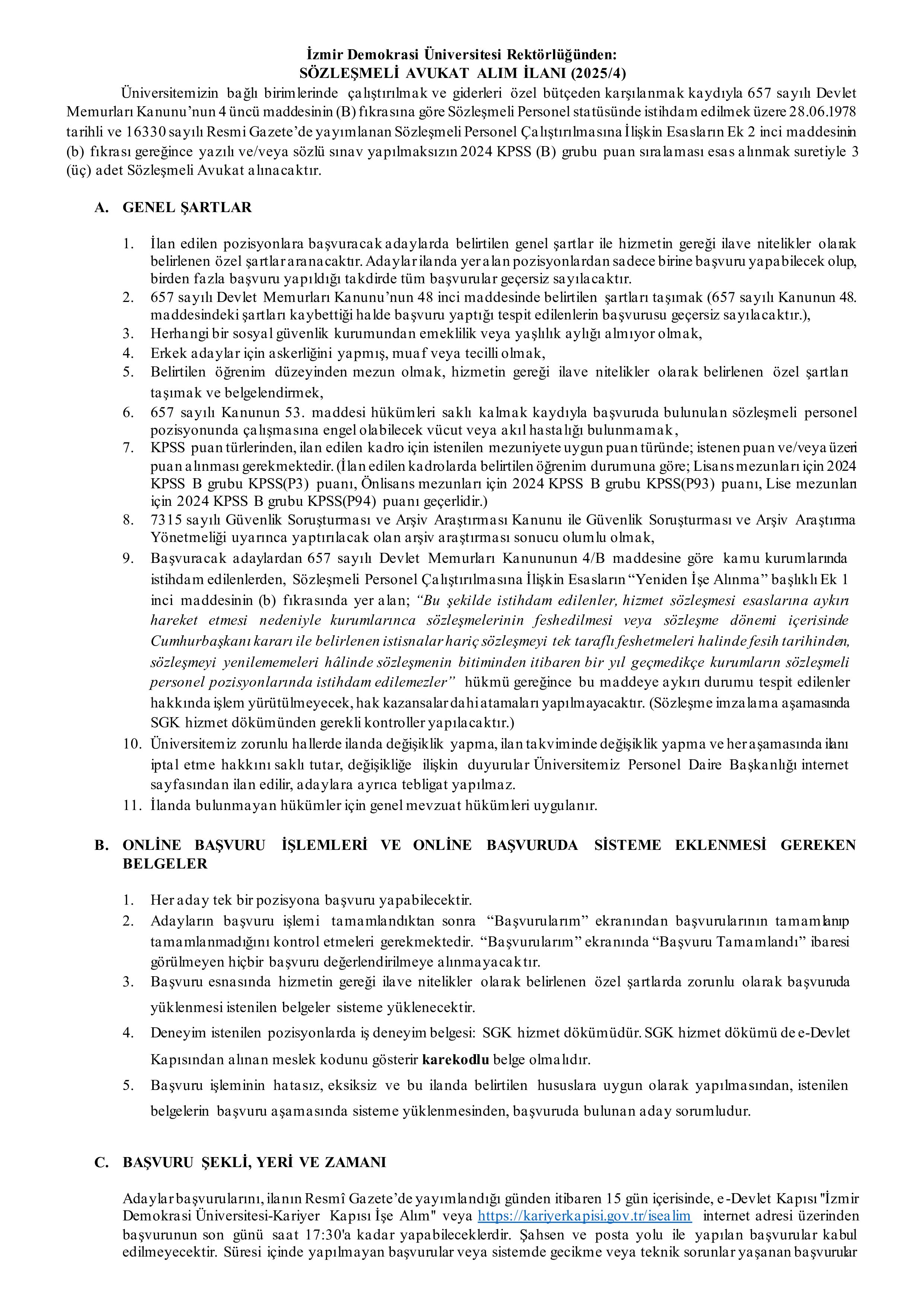 İZMİR DEMOKRASİ ÜNİVERSİTESİ 60 SÖZLEŞMELİ PERSONEL ALACAK ( 1 Aralık - 15 Aralık) İlan İçeriği Sayfa 1