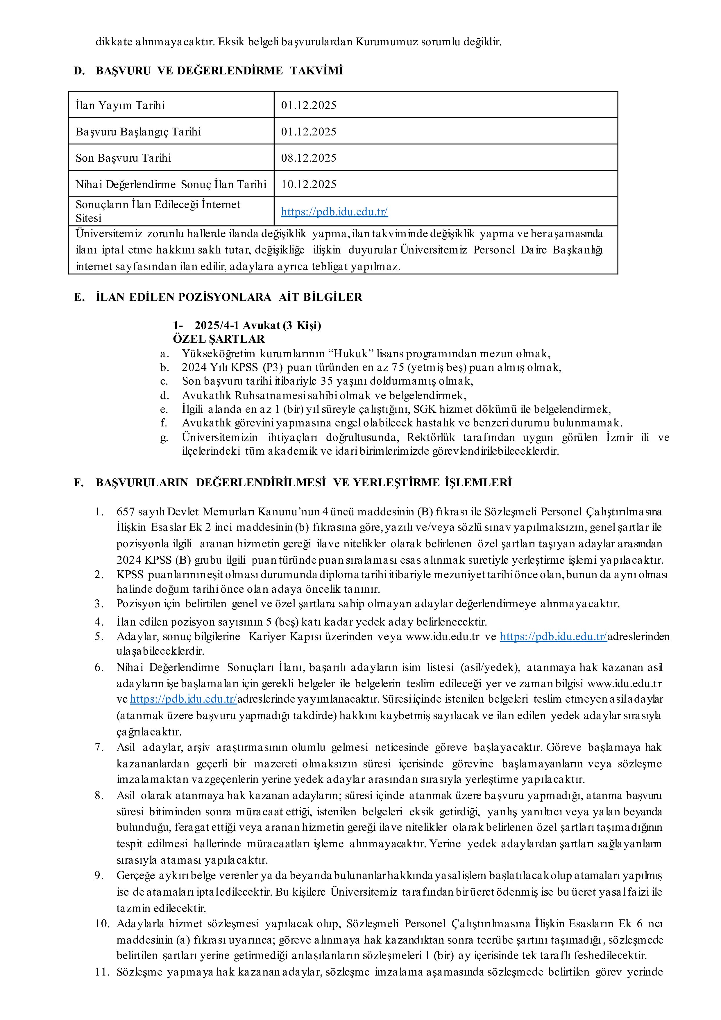 İZMİR DEMOKRASİ ÜNİVERSİTESİ 60 SÖZLEŞMELİ PERSONEL ALACAK ( 1 Aralık - 15 Aralık) İlan İçeriği Sayfa 2
