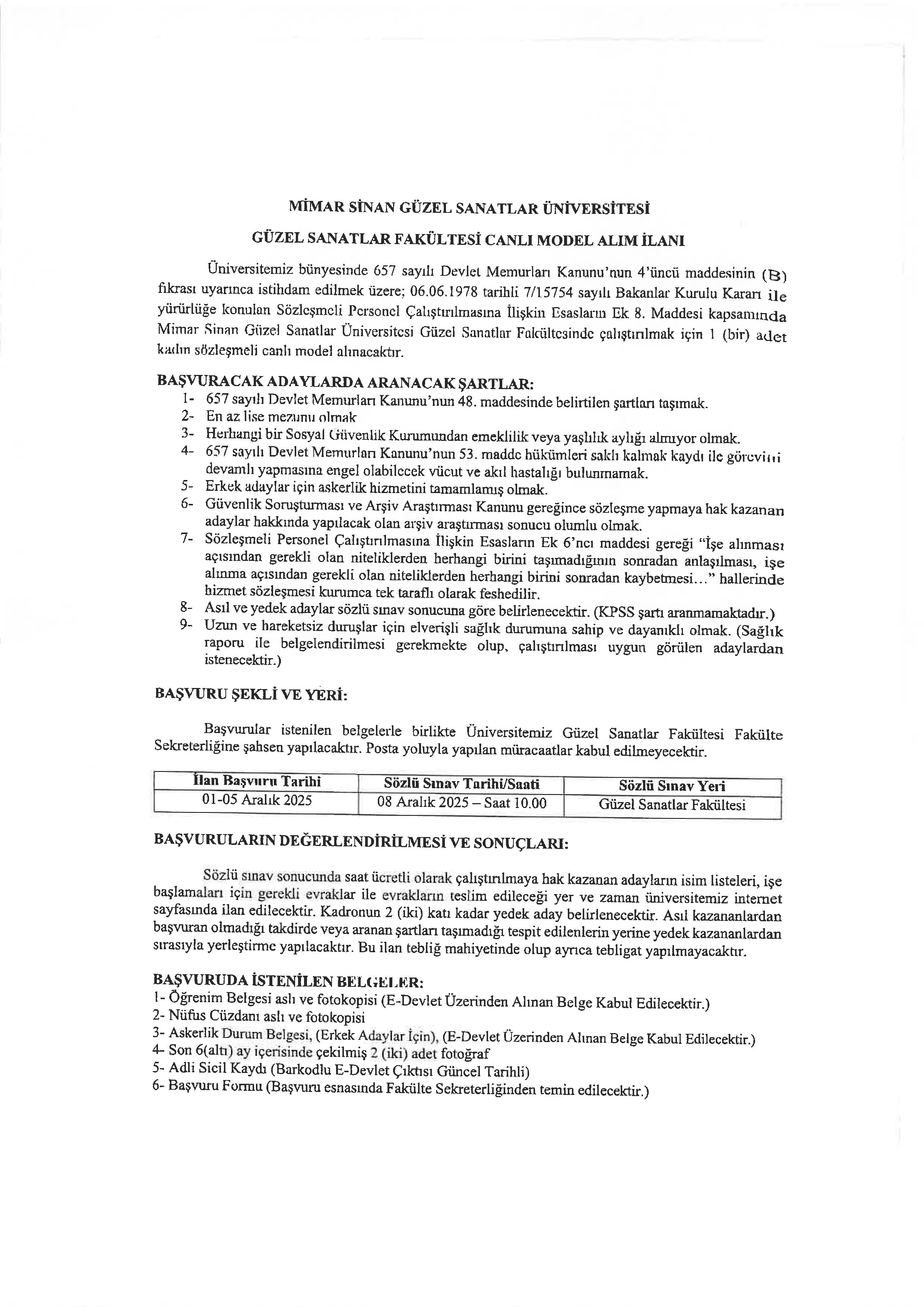 MİMAR SİNAN GÜZEL SANATLAR ÜNİVERSİTESİ 1 SÖZLEŞMELİ PERSONEL ALACAK ( 1 Aralık - 5 Aralık) İlan İçeriği Sayfa 1