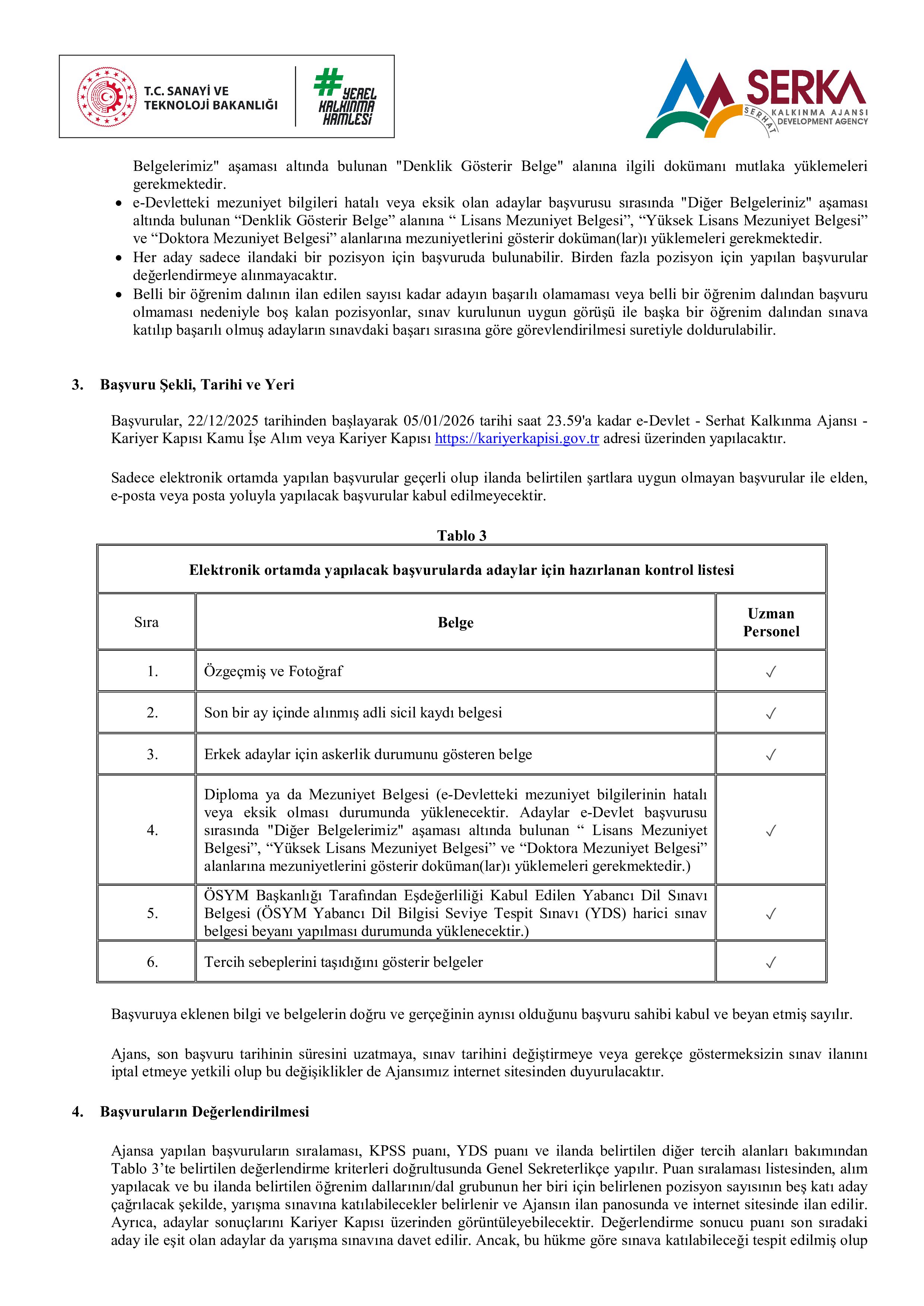 SERHAT KALKINMA AJANSI 4 SÖZLEŞMELİ PERSONEL ALACAK ( 22 Aralık - 5 Ocak) İlan İçeriği Sayfa 3