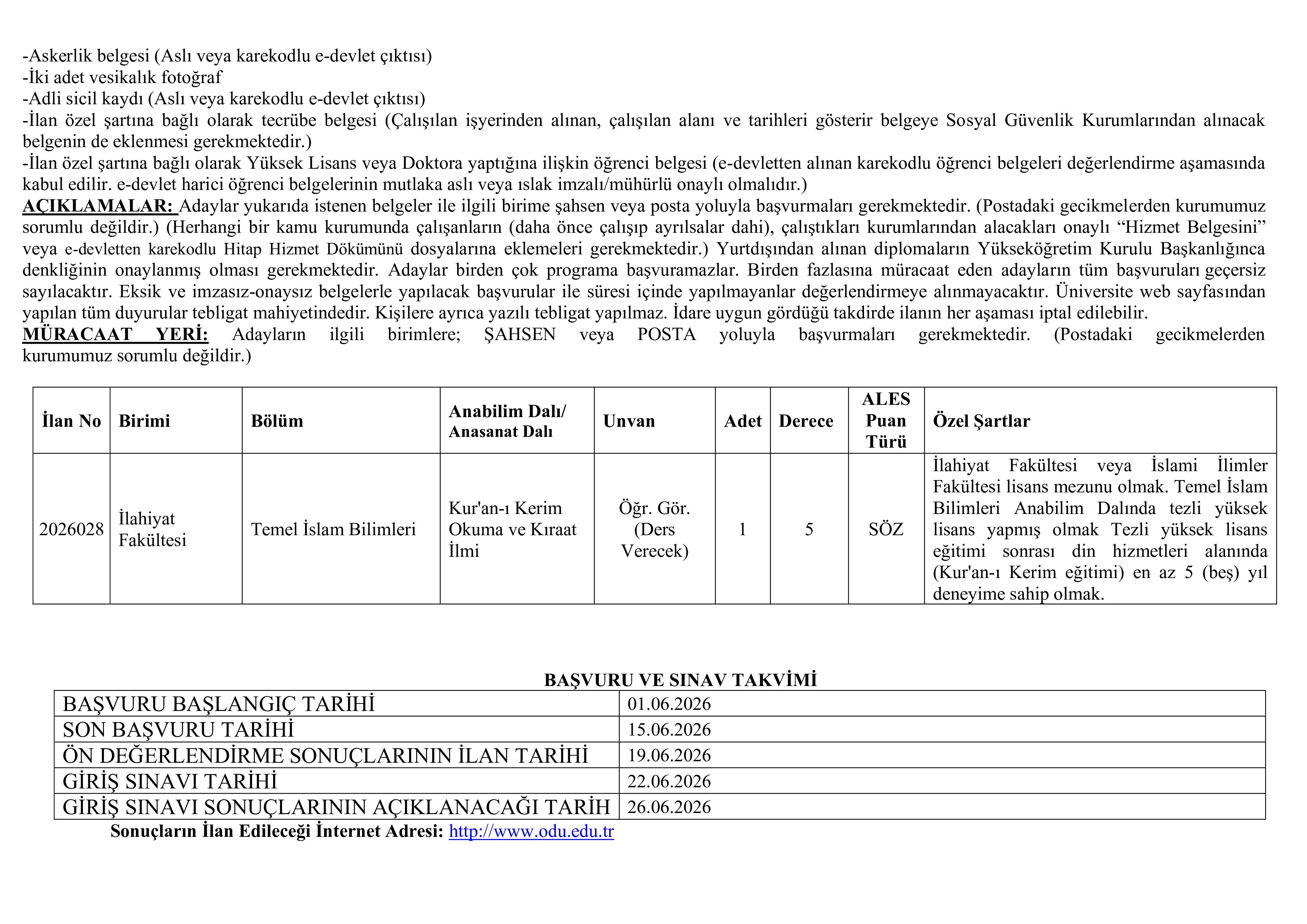 İlan İçeriği Sayfa 2 ORDU ÜNİVERSİTESİ 27 ÖĞRETİM ÜYESİ ALACAK ( 1 Haziran - 15 Haziran) İlan İçeriği Sayfa 2