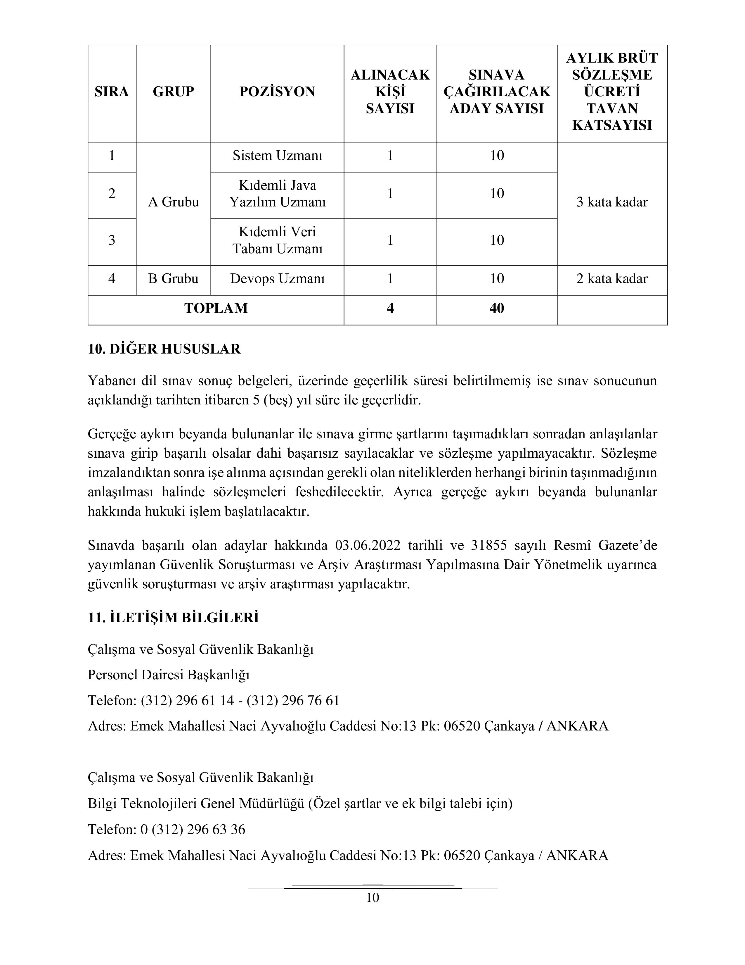 ÇALIŞMA VE SOSYAL GÜVENLİK BAKANLIĞI 4 SÖZLEŞMELİ BİLİŞİM PERSONELİ ALACAK ( 1 Kasım - 16 Kasım) İlan İçeriği Sayfa 10
