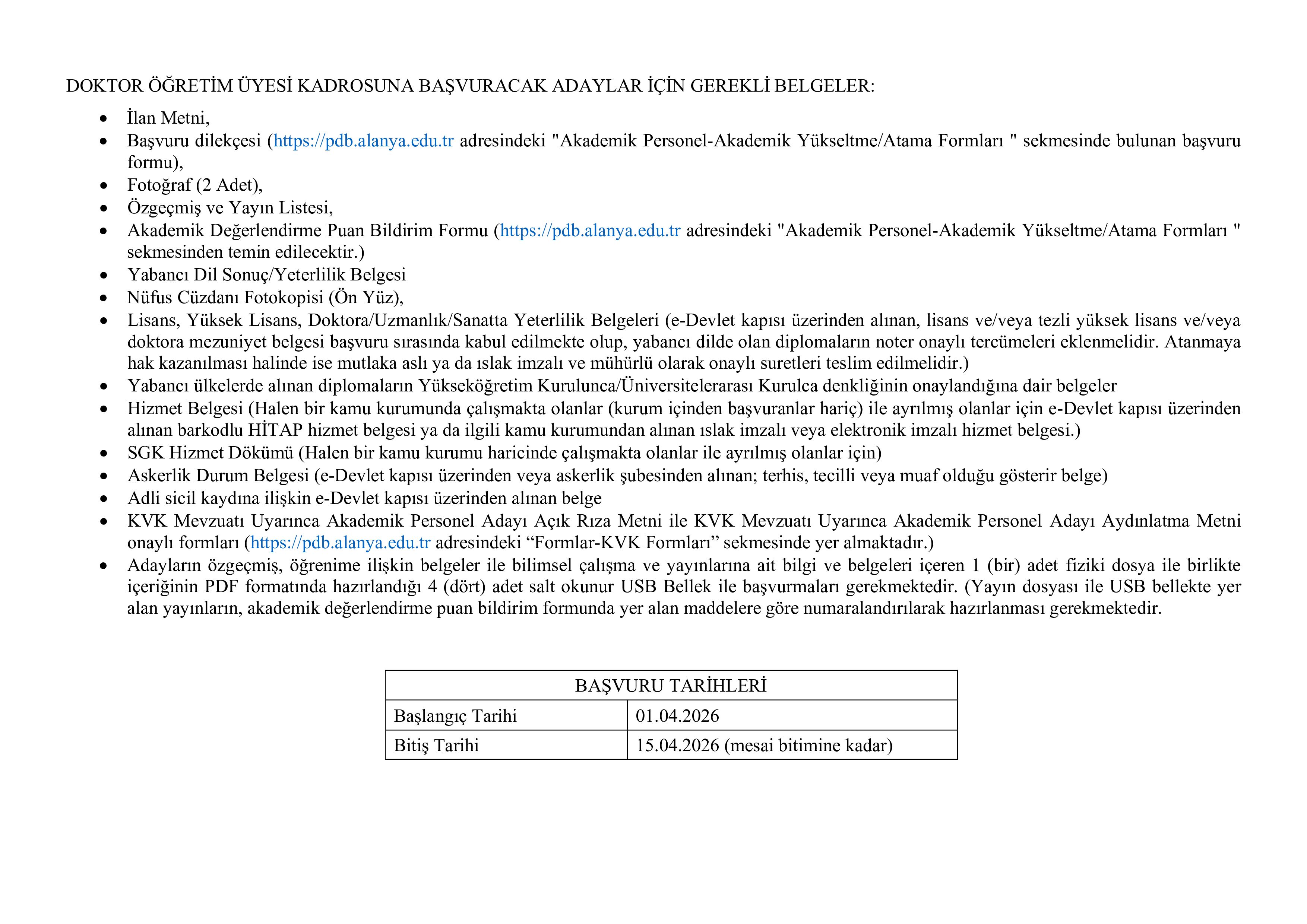 ALANYA ALAADDİN KEYKUBAT ÜNİVERSİTESİ 24 ÖĞRETİM ÜYESİ ALACAK ( 1 Nisan - 15 Nisan) İlan İçeriği Sayfa 3