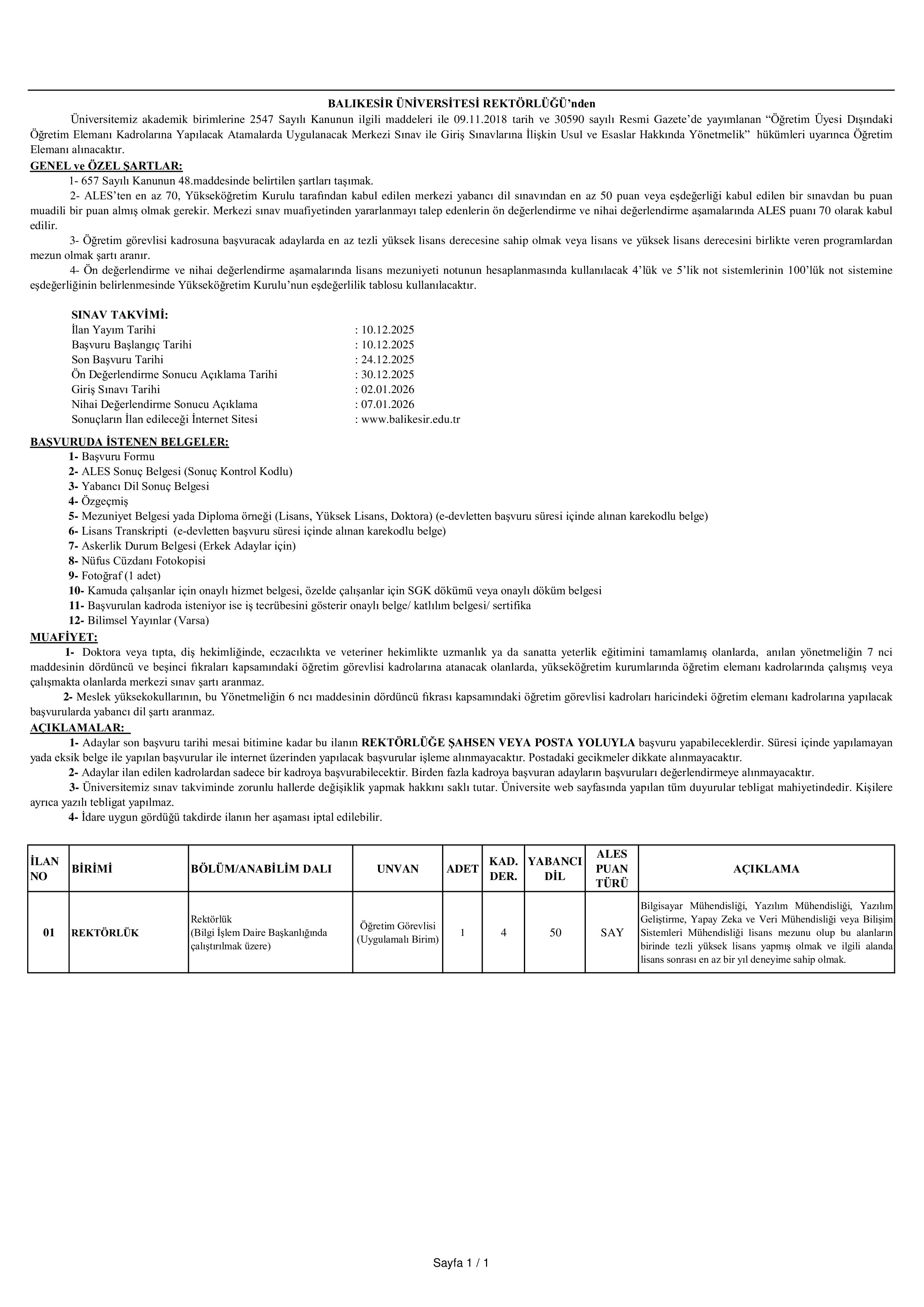 BALIKESİR ÜNİVERSİTESİ 8 ÖĞRETİM ÜYESİ ALACAK ( 10 Aralık - 24 Aralık) İlan İçeriği Sayfa 1