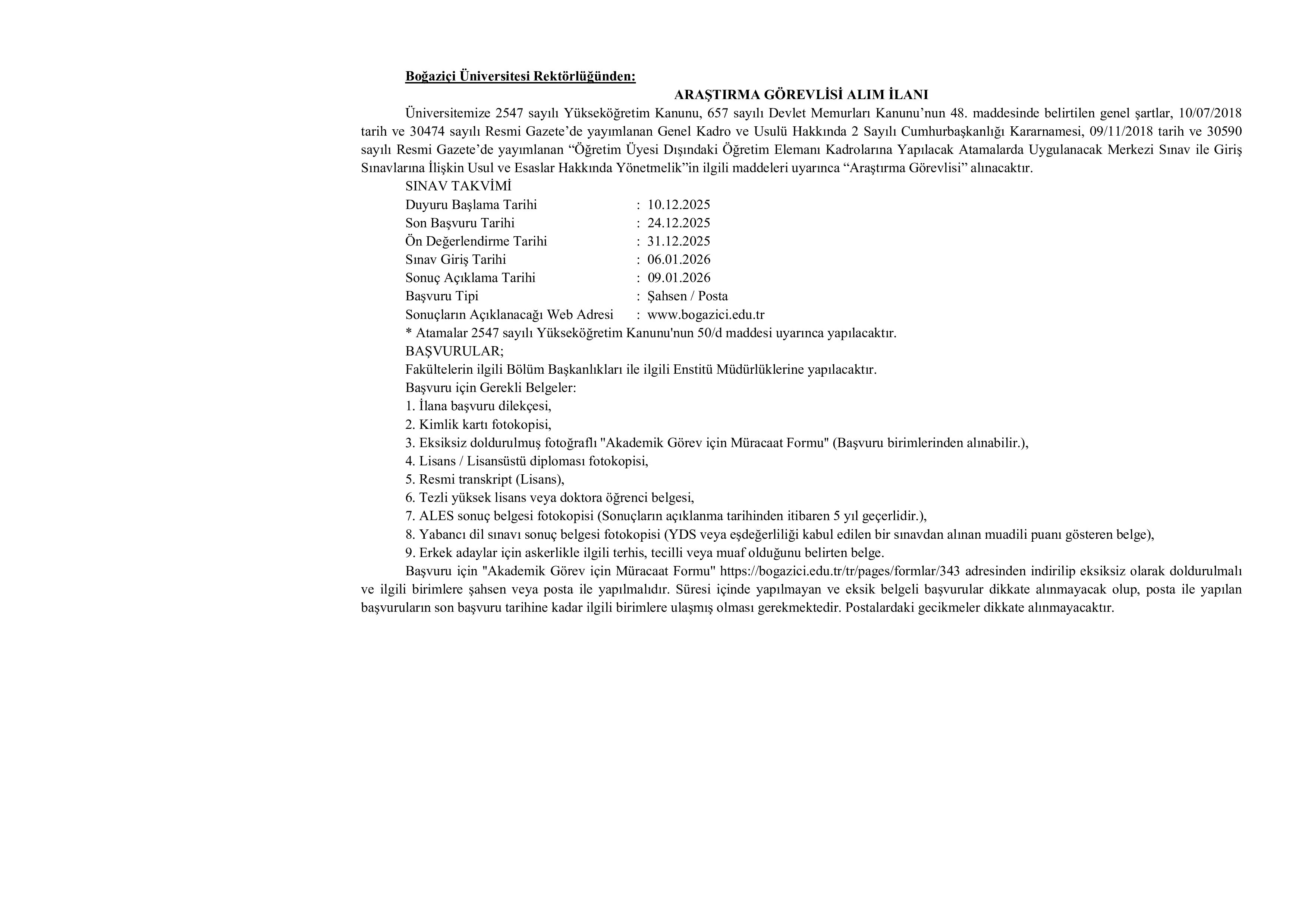 BOĞAZİÇİ ÜNİVERSİTESİ 37 ARAŞTIRMA GÖREVLİSİ ALACAK ( 10 Aralık - 24 Aralık) İlan İçeriği Sayfa 1