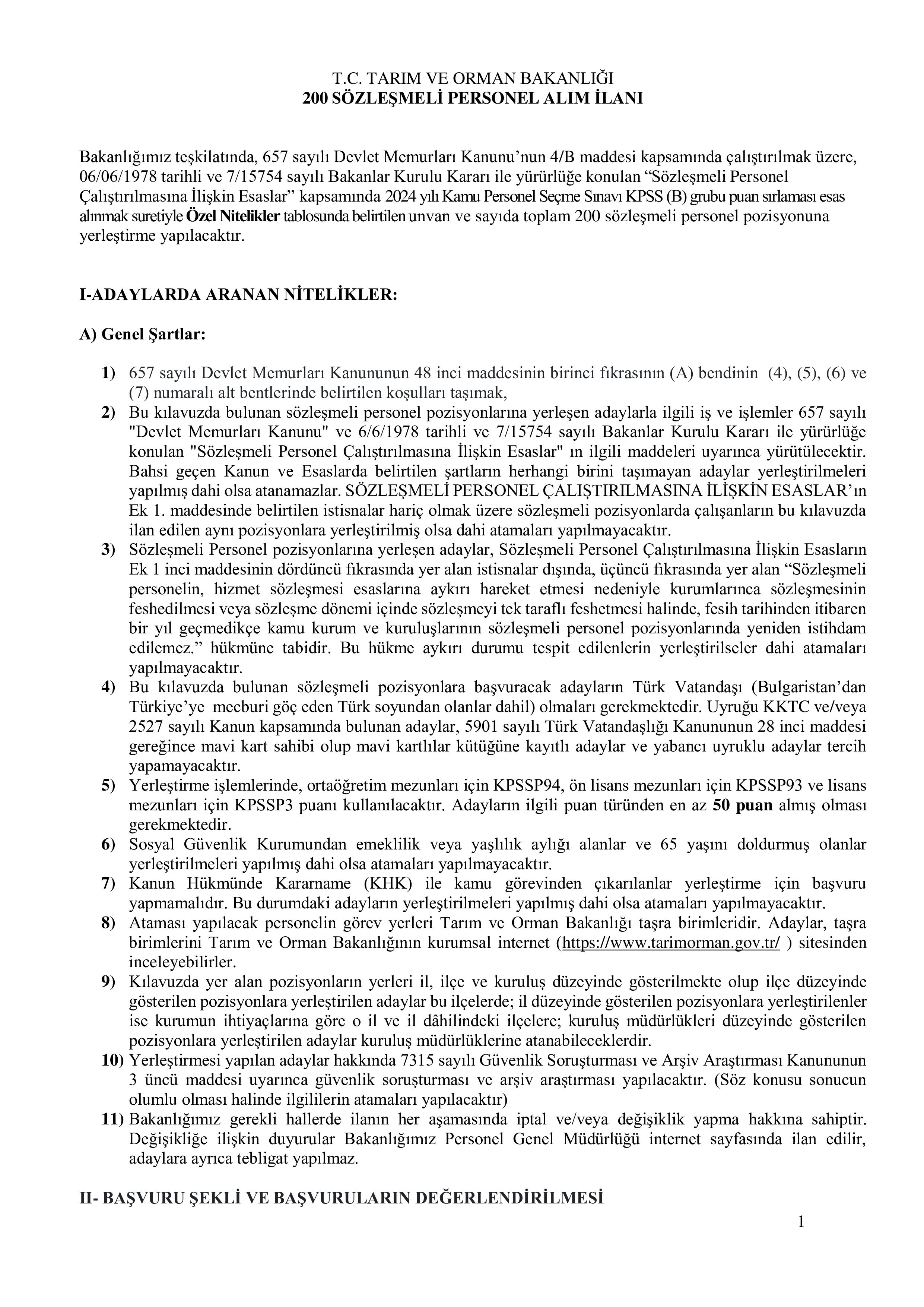 TARIM VE ORMAN BAKANLIĞI 200 SÖZLEŞMELİ PERSONEL ALACAK ( 13 Ekim - 24 Ekim) İlan İçeriği Sayfa 1