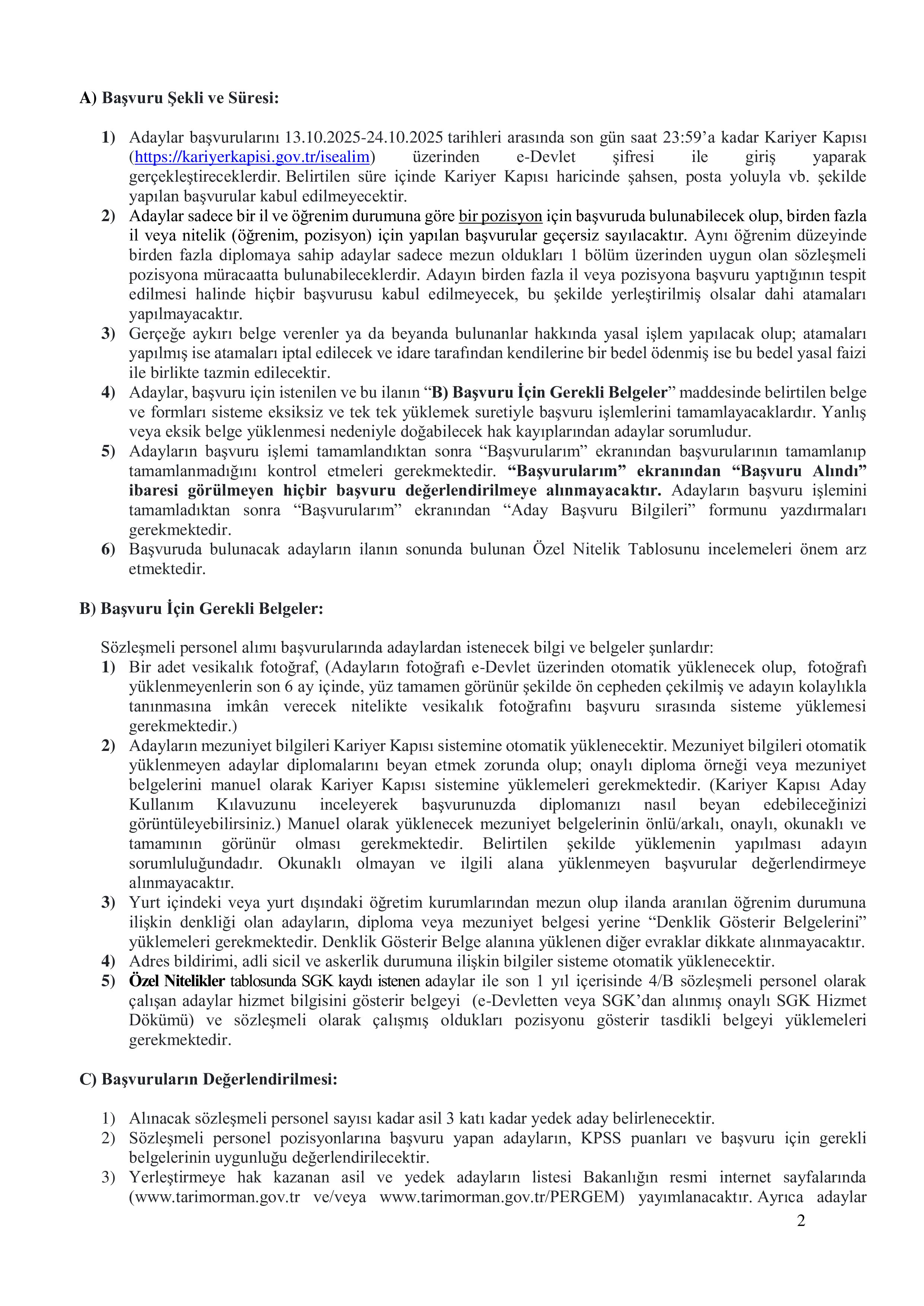 TARIM VE ORMAN BAKANLIĞI 200 SÖZLEŞMELİ PERSONEL ALACAK ( 13 Ekim - 24 Ekim) İlan İçeriği Sayfa 2