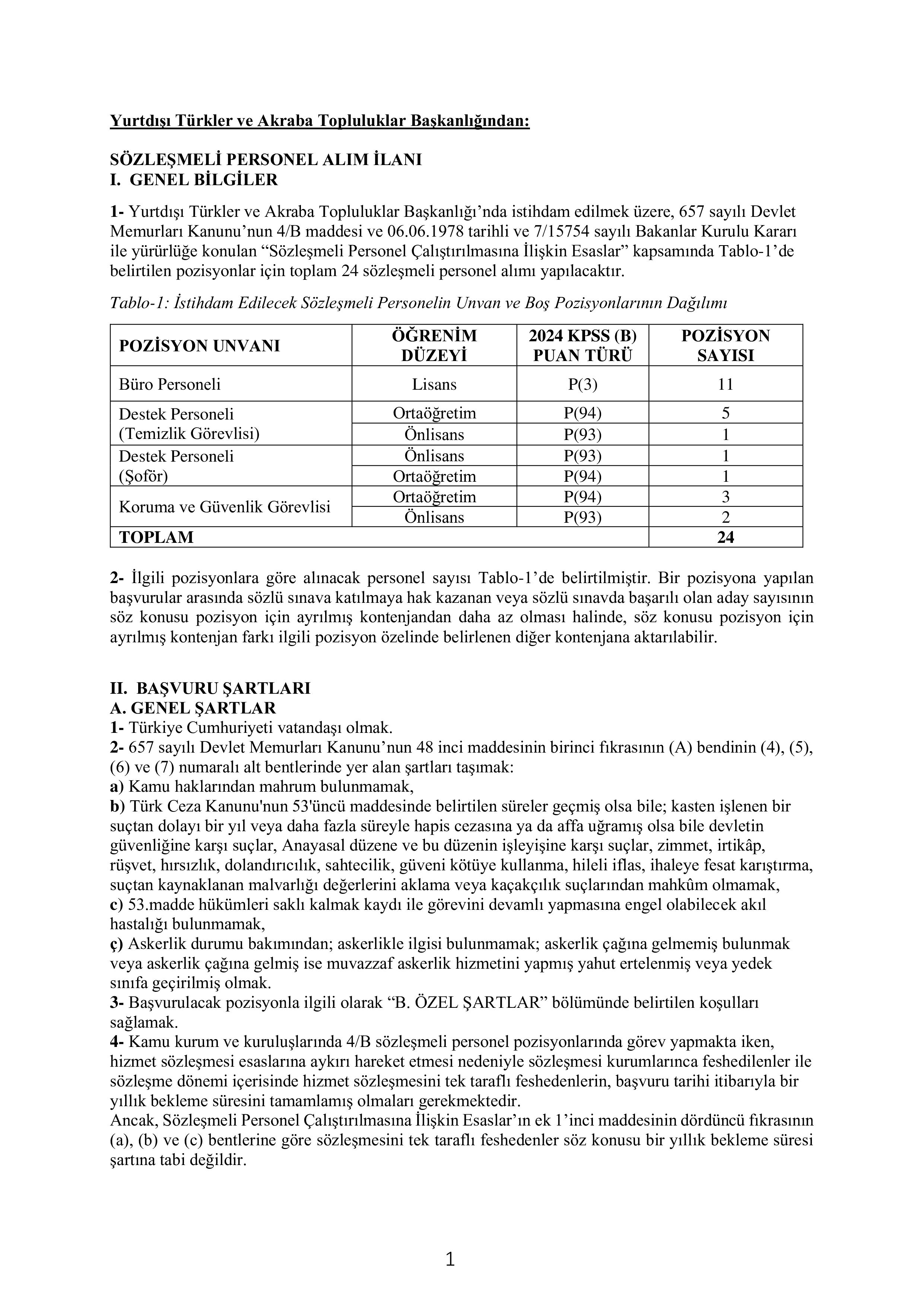 YURTDIŞI TÜRKLER VE AKRABA TOPLULUKLAR BAŞKANLIĞI 24 SÖZLEŞMELİ PERSONEL ALACAK ( 10 Ekim - 20 Ekim) İlan İçeriği Sayfa 1