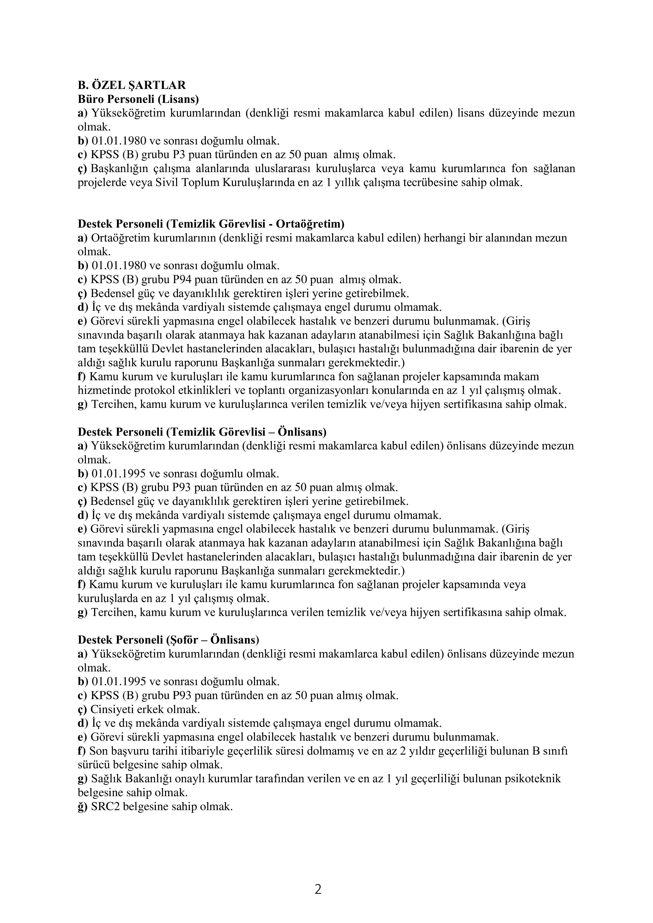 YURTDIŞI TÜRKLER VE AKRABA TOPLULUKLAR BAŞKANLIĞI 24 SÖZLEŞMELİ PERSONEL ALACAK ( 10 Ekim - 20 Ekim) İlan İçeriği Sayfa 2