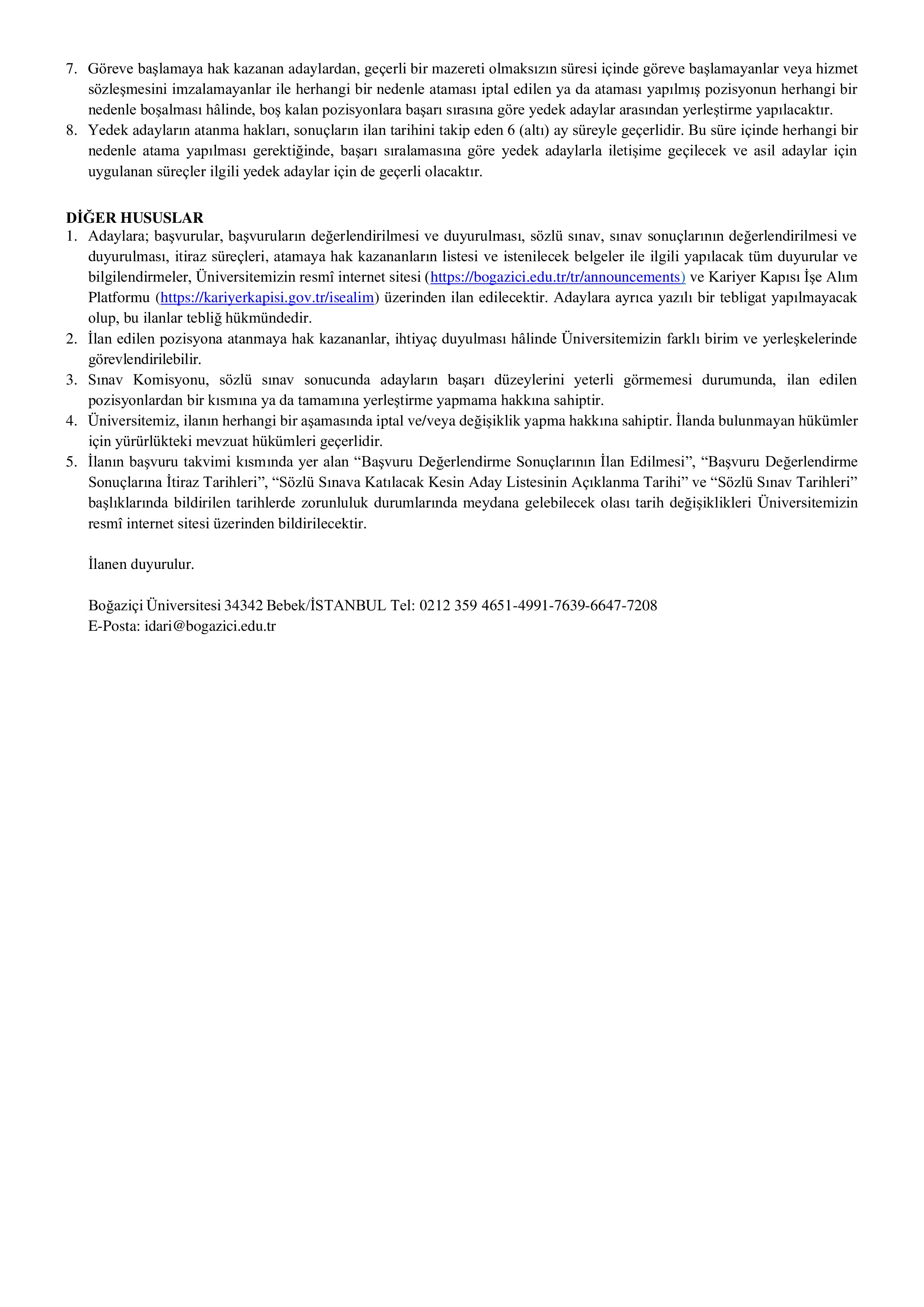 BOĞAZİÇİ ÜNİVERSİTESİ 62 SÖZLEŞMELİ PERSONEL ALACAK ( 10 Haziran - 17 Haziran) İlan İçeriği Sayfa 6