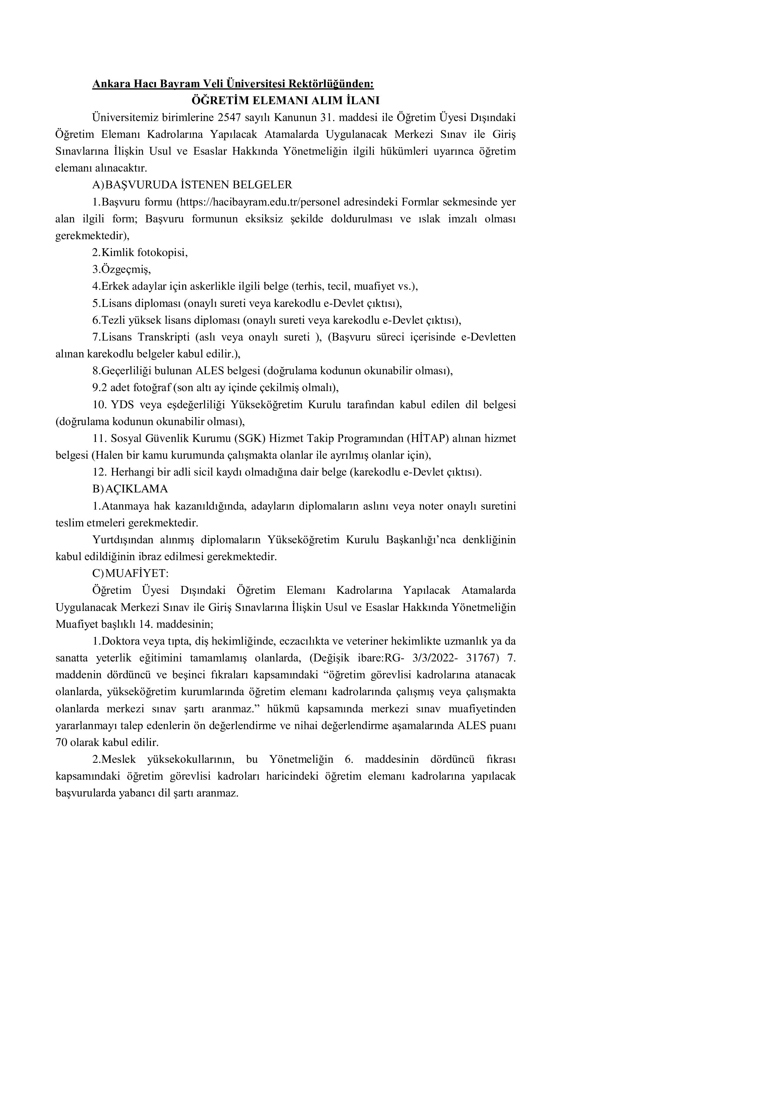 ANKARA HACI BAYRAM VELİ ÜNİVERSİTESİ 1 ÖĞRETİM GÖREVLİSİ ALACAK ( 10 Kasım - 24 Kasım) İlan İçeriği Sayfa 1