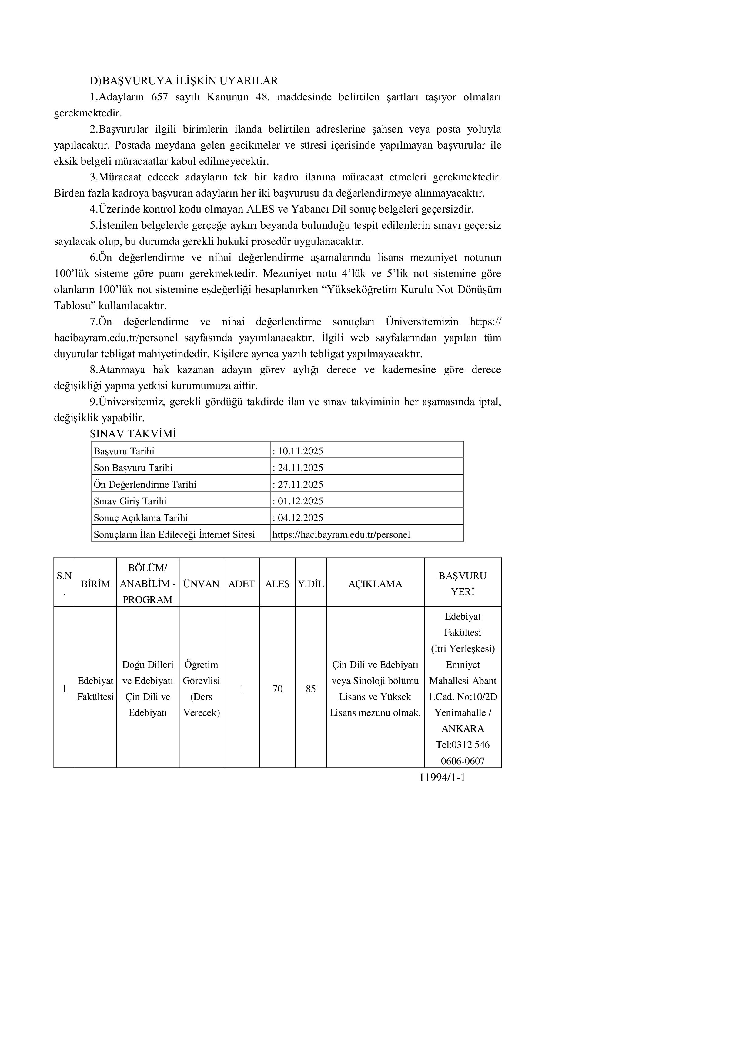 ANKARA HACI BAYRAM VELİ ÜNİVERSİTESİ 1 ÖĞRETİM GÖREVLİSİ ALACAK ( 10 Kasım - 24 Kasım) İlan İçeriği Sayfa 2