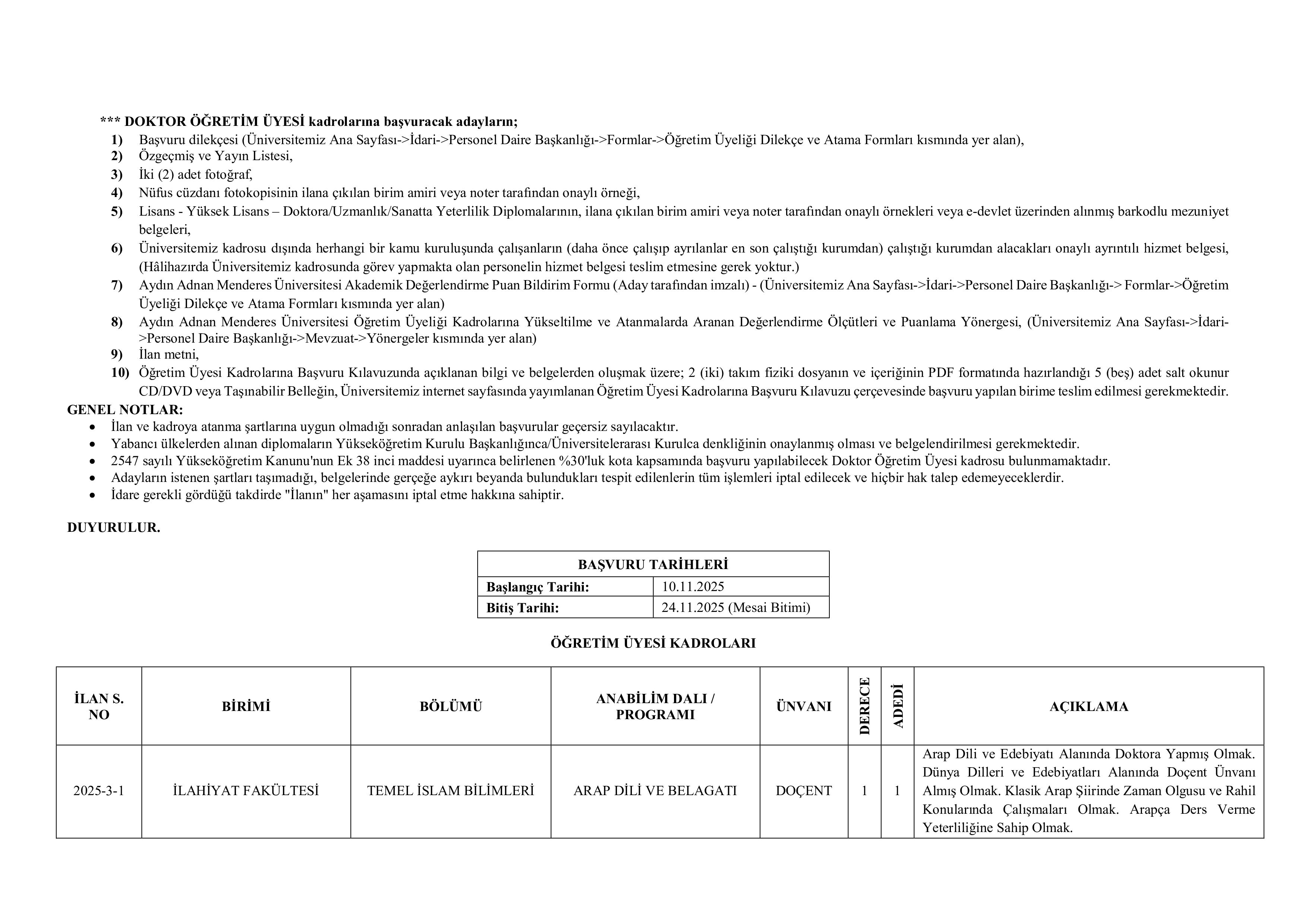 İlan İçeriği Sayfa 2 AYDIN ADNAN MENDERES ÜNİVERSİTESİ 20 ÖĞRETİM ÜYESİ ALACAK ( 10 Kasım - 24 Kasım) İlan İçeriği Sayfa 2