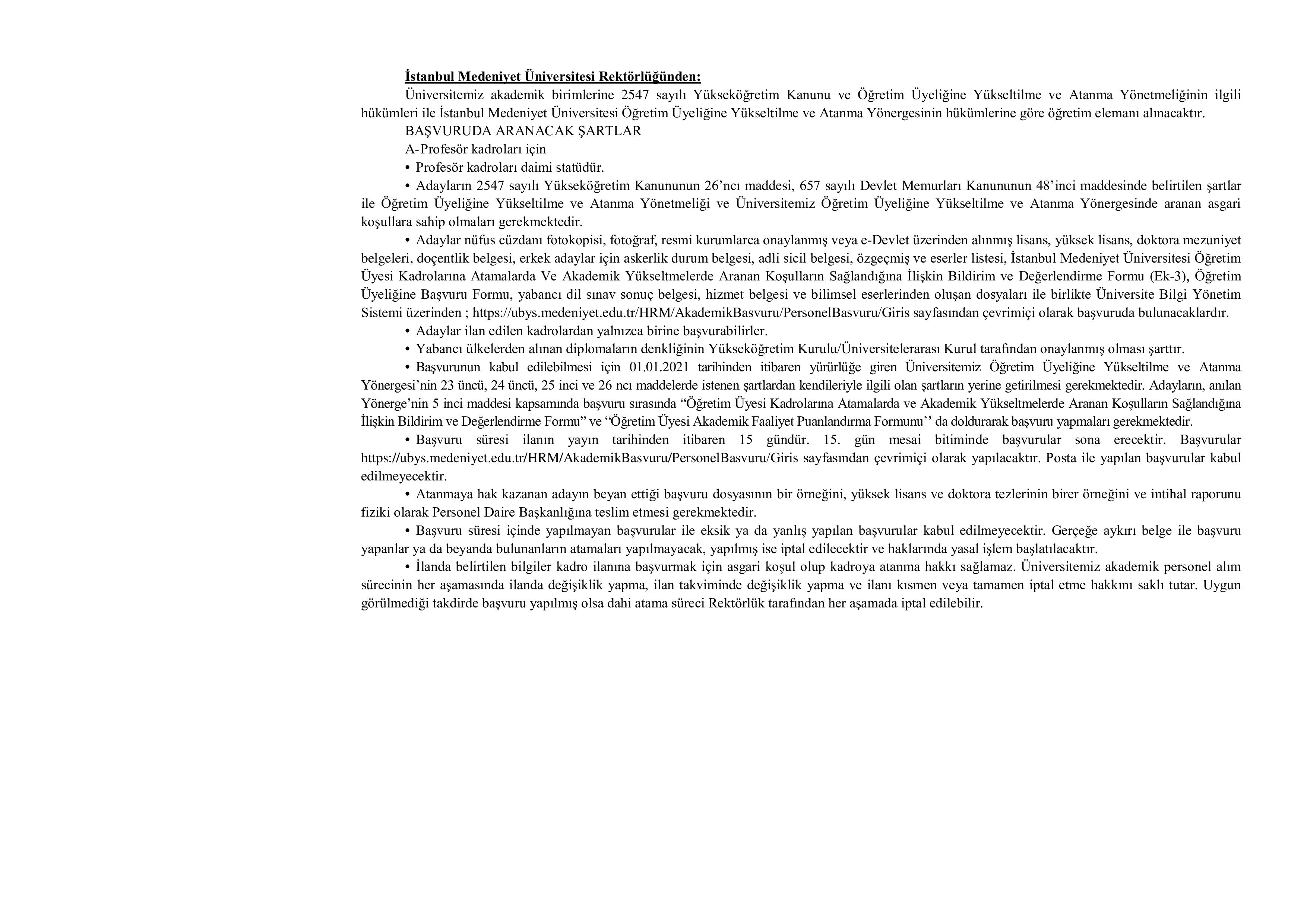 İlan İçeriği Sayfa 1 İSTANBUL MEDENİYET ÜNİVERSİTESİ 9 ÖĞRETİM ÜYESİ ALACAK ( 10 Kasım - 24 Kasım) İlan İçeriği Sayfa 1