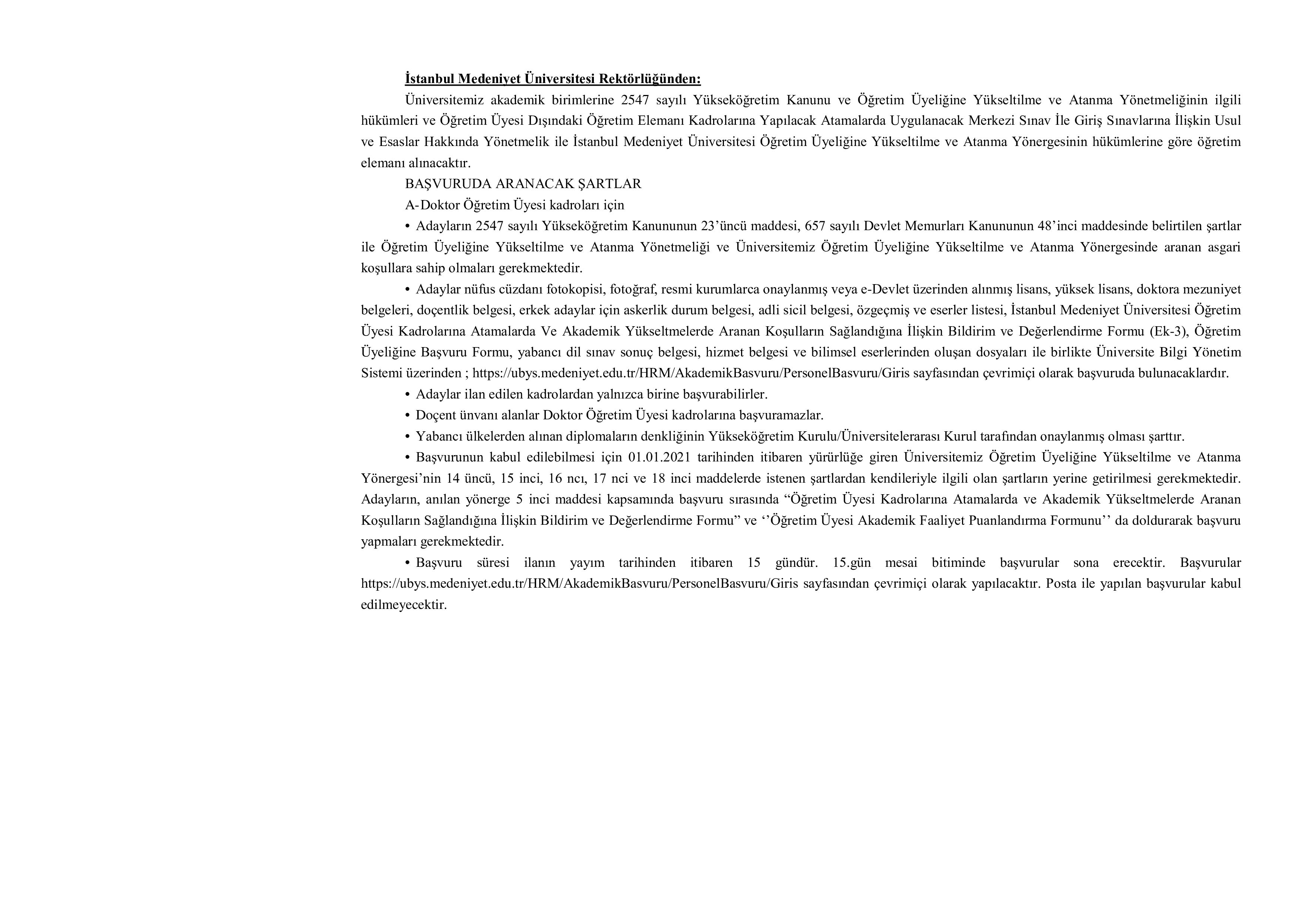 İlan İçeriği Sayfa 5 İSTANBUL MEDENİYET ÜNİVERSİTESİ 9 ÖĞRETİM ÜYESİ ALACAK ( 10 Kasım - 24 Kasım) İlan İçeriği Sayfa 5