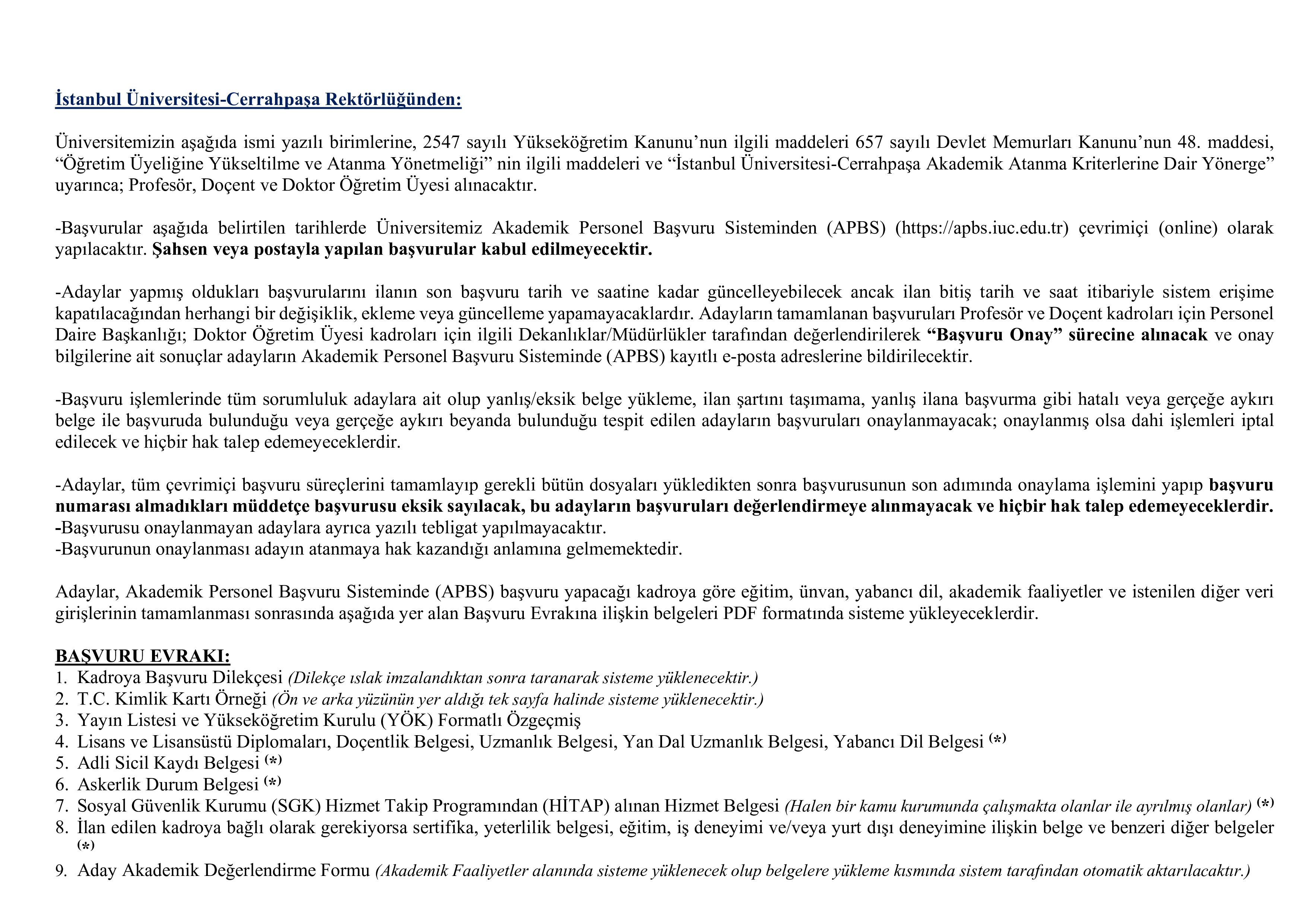 İlan İçeriği Sayfa 1 İSTANBUL ÜNİVERSİTESİ-CERRAHPAŞA 80 ÖĞRETİM ÜYESİ ALACAK ( 10 Kasım - 24 Kasım) İlan İçeriği Sayfa 1