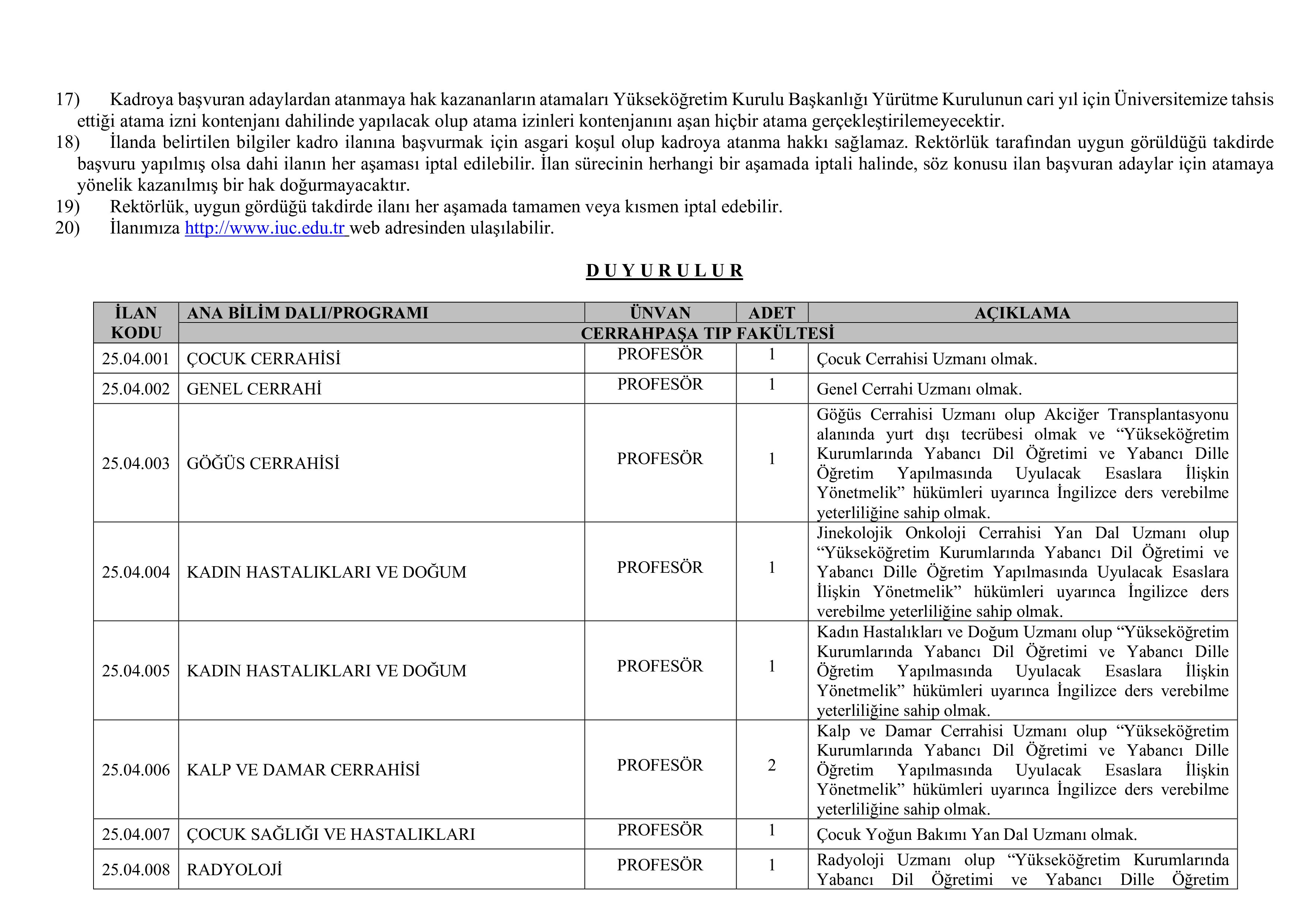 İlan İçeriği Sayfa 3 İSTANBUL ÜNİVERSİTESİ-CERRAHPAŞA 80 ÖĞRETİM ÜYESİ ALACAK ( 10 Kasım - 24 Kasım) İlan İçeriği Sayfa 3