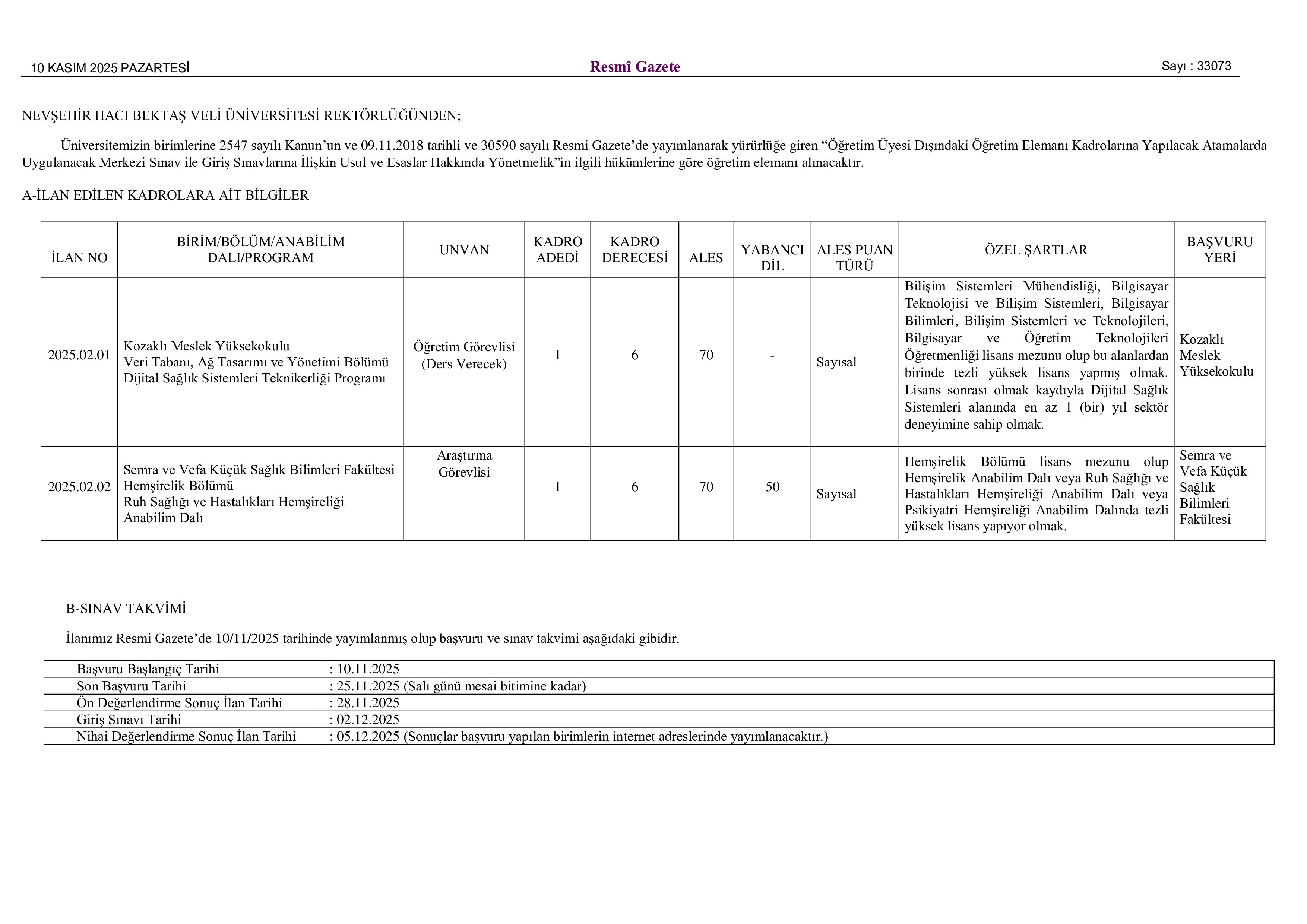 İlan İçeriği Sayfa 1 NEVŞEHİR HACI BEKTAŞ VELİ ÜNİVERSİTESİ 2 ÖĞRETİM ELEMANI ALACAK ( 10 Kasım - 25 Kasım) İlan İçeriği Sayfa 1