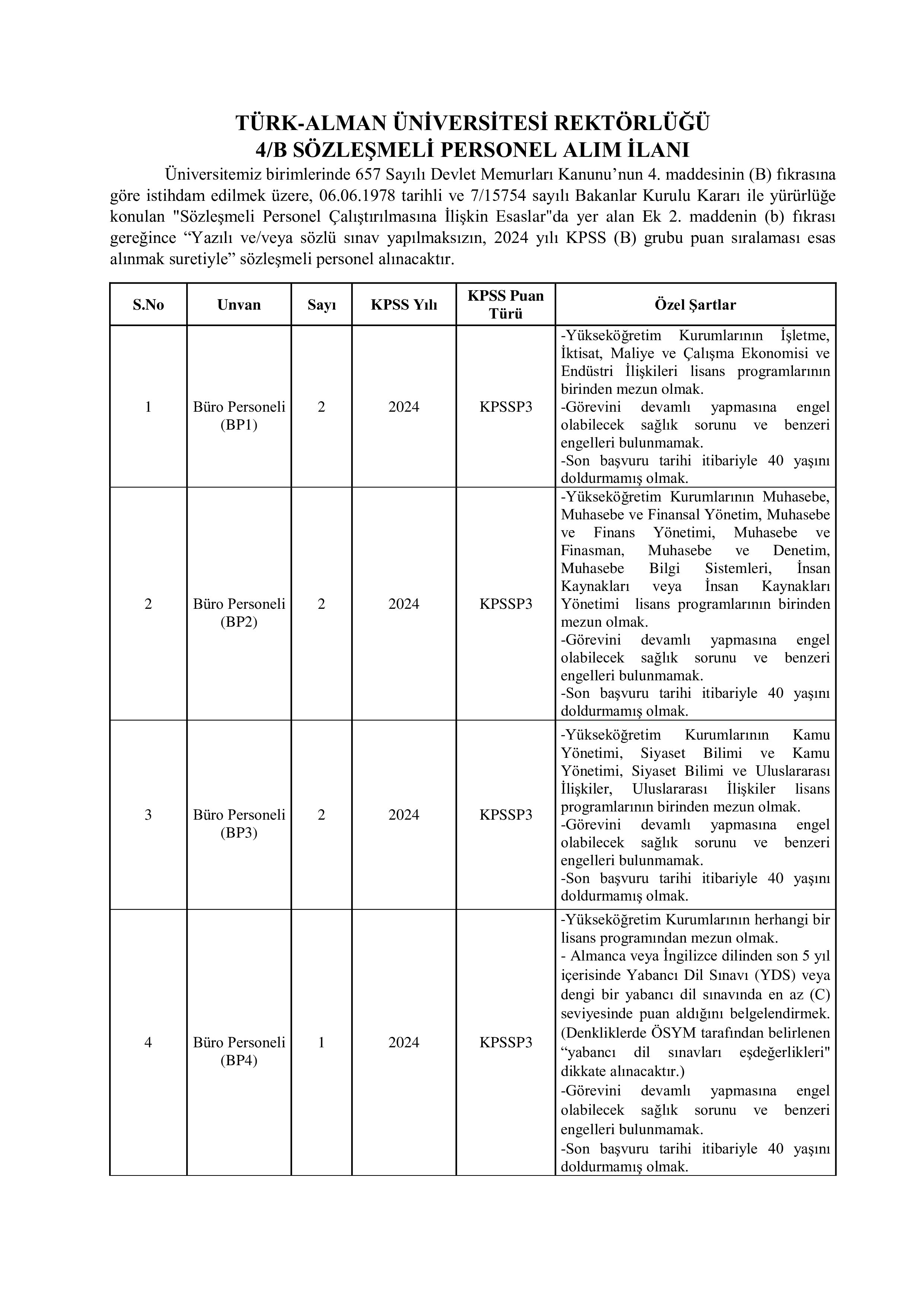TÜRK-ALMAN ÜNİVERSİTESİ 19 SÖZLEŞMELİ PERSONEL ALACAK ( 10 Kasım - 24 Kasım) İlan İçeriği Sayfa 1