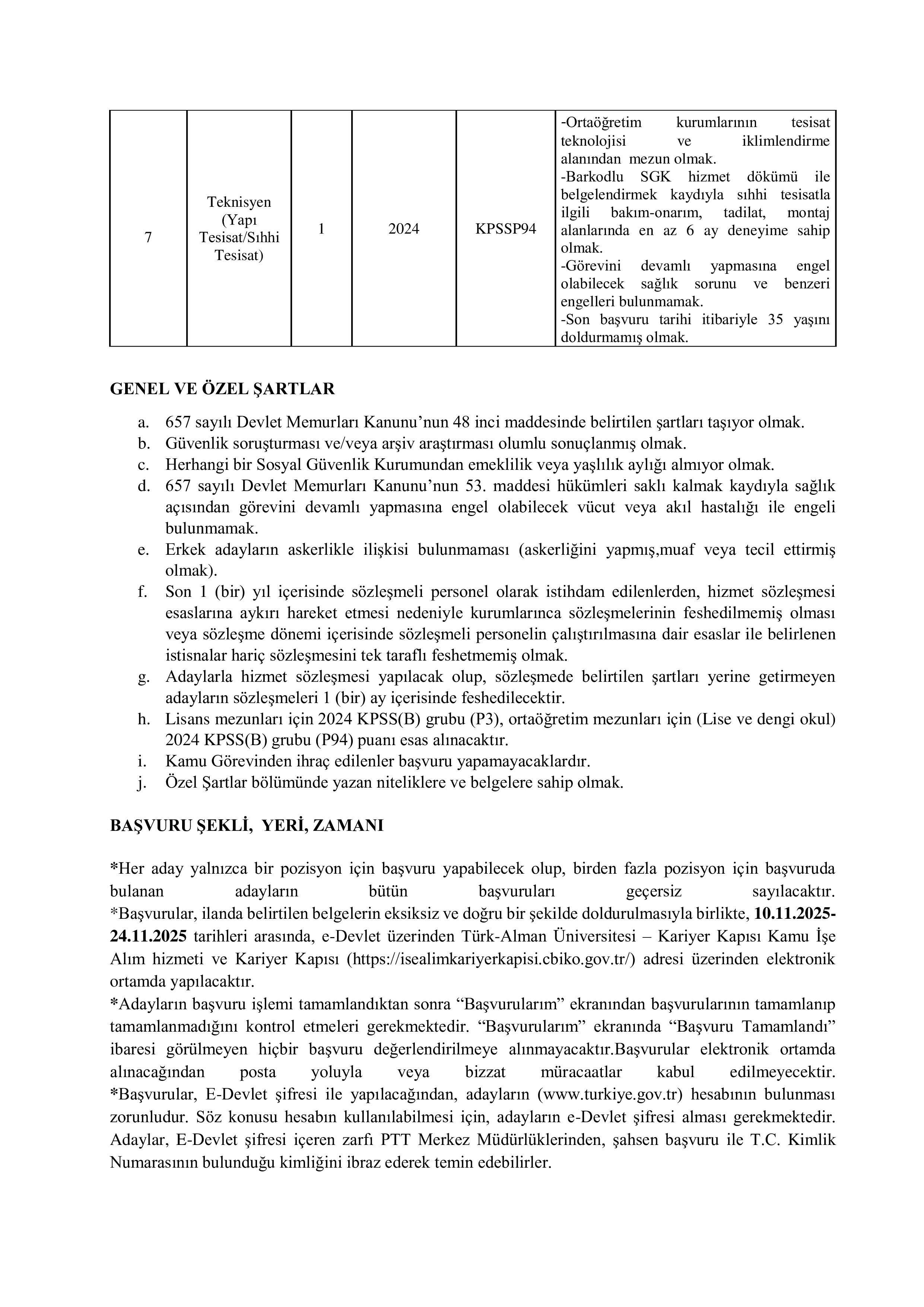 TÜRK-ALMAN ÜNİVERSİTESİ 19 SÖZLEŞMELİ PERSONEL ALACAK ( 10 Kasım - 24 Kasım) İlan İçeriği Sayfa 3