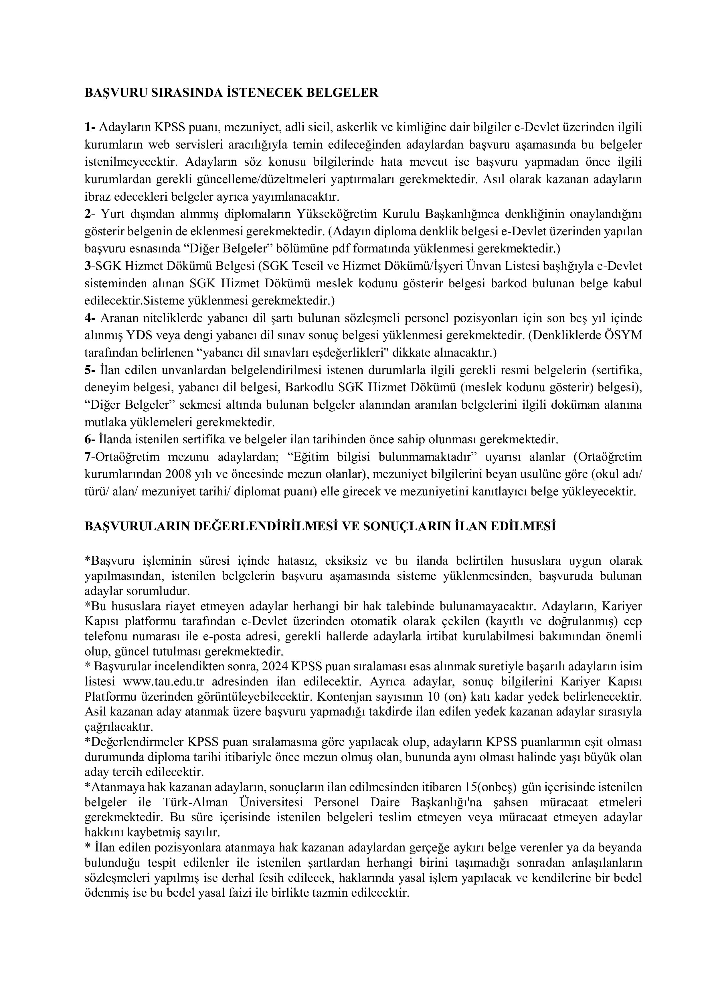 TÜRK-ALMAN ÜNİVERSİTESİ 19 SÖZLEŞMELİ PERSONEL ALACAK ( 10 Kasım - 24 Kasım) İlan İçeriği Sayfa 4