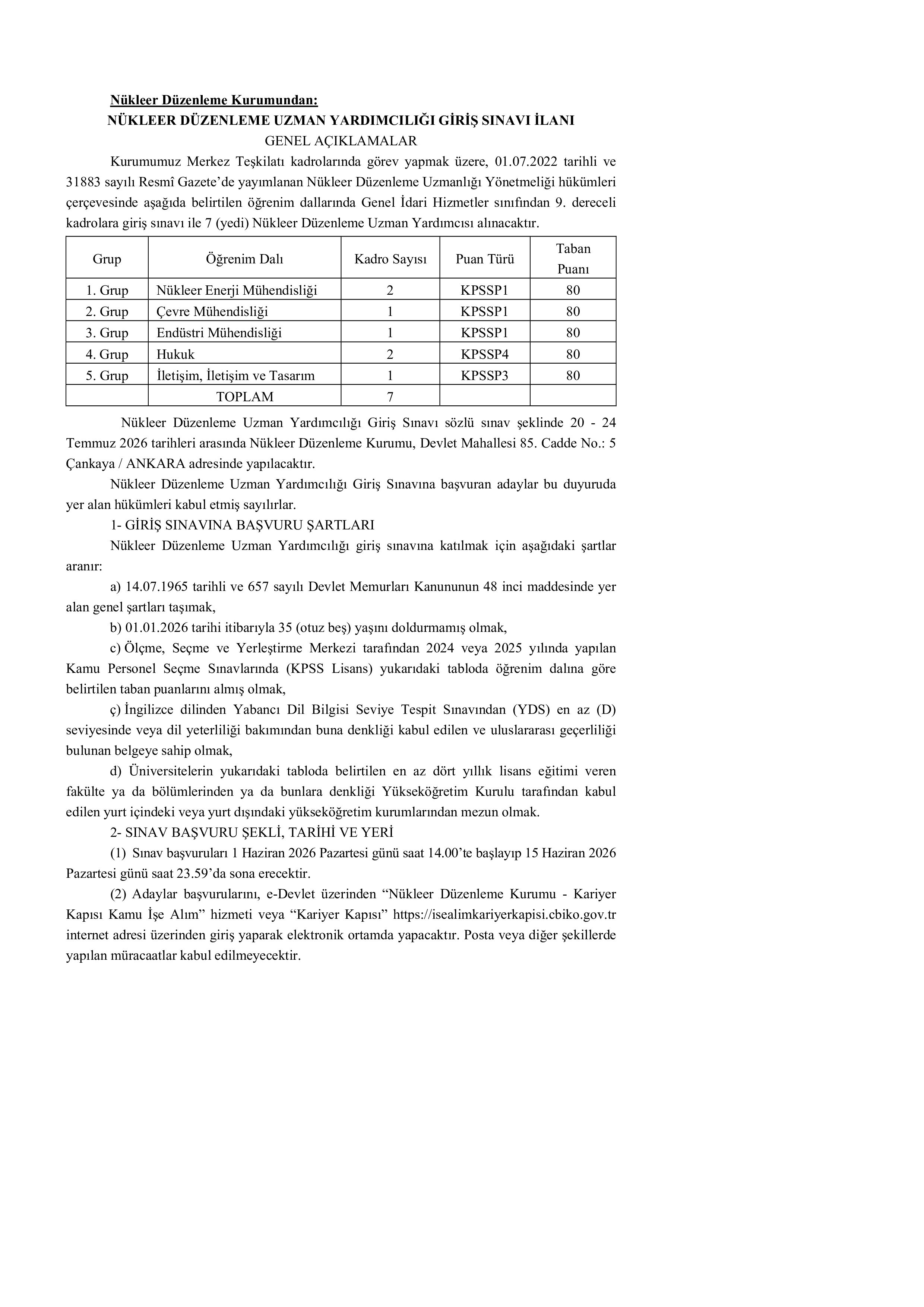 NÜKLEER DÜZENLEME KURUMU 7 UZMAN YARDIMCISI ALACAK ( 1 Haziran - 15 Haziran) İlan İçeriği Sayfa 1