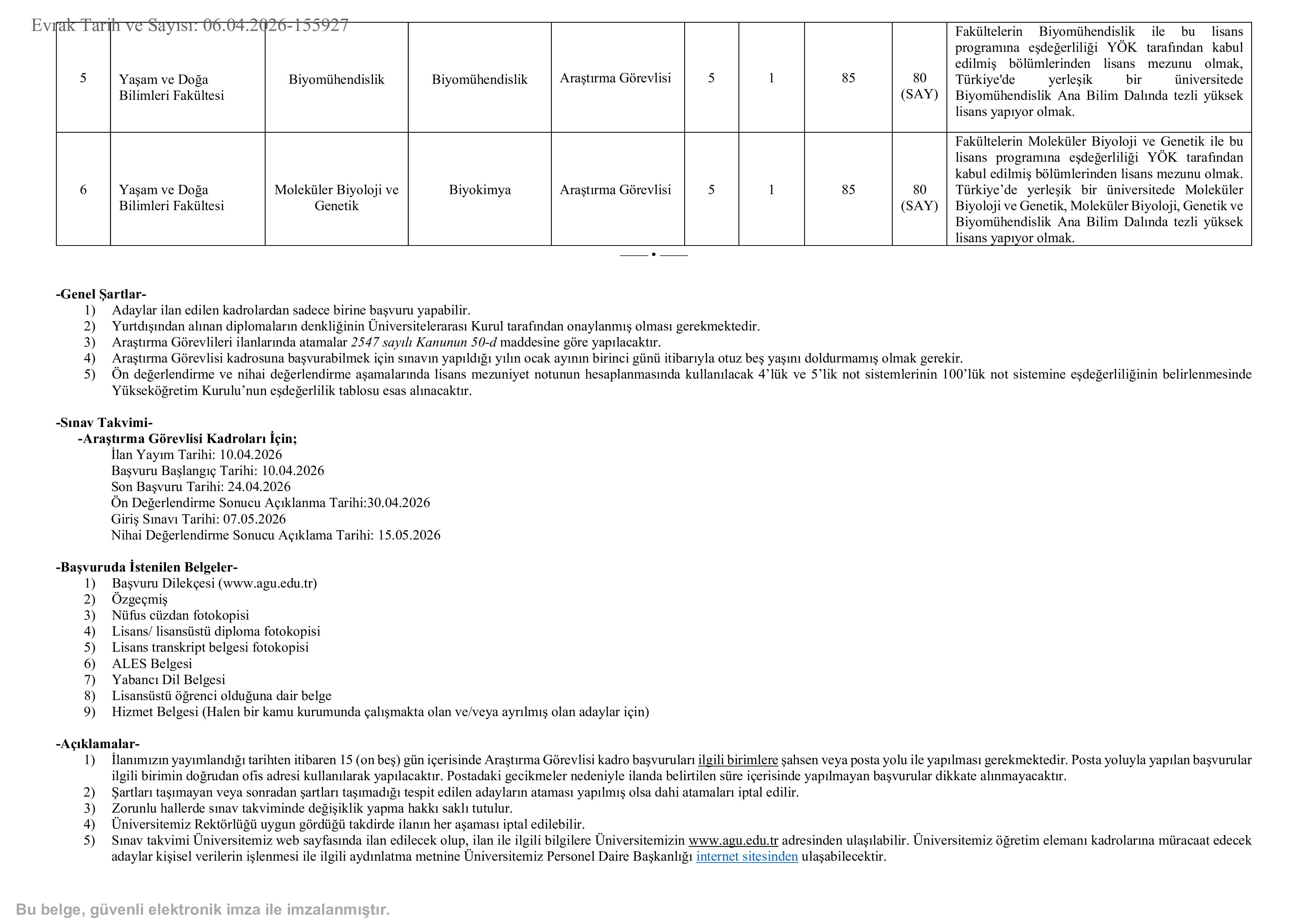 ABDULLAH GÜL ÜNİVERSİTESİ 6  ALACAK ( 10 Nisan - 24 Nisan) İlan İçeriği Sayfa 2