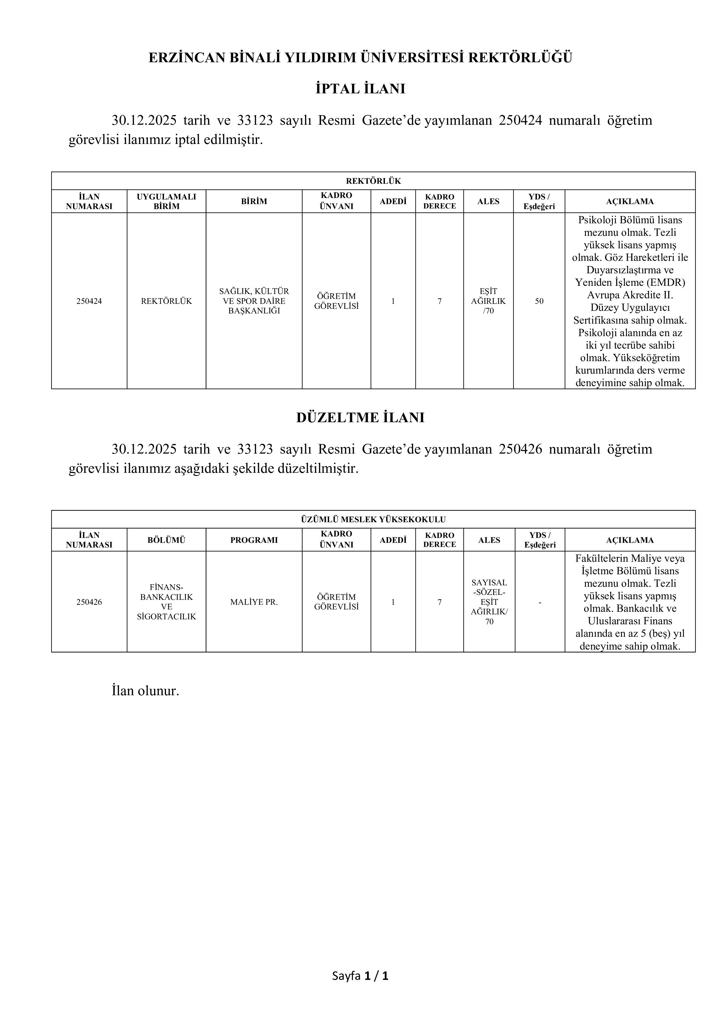 ERZİNCAN BİNALİ YILDIRIM ÜNİVERSİTESİ ÖĞRETİM GÖREVLİSİ İPTAL VE DÜZELTME İLANI ( 10 Ocak - 20 Ocak) İlan İçeriği Sayfa 1