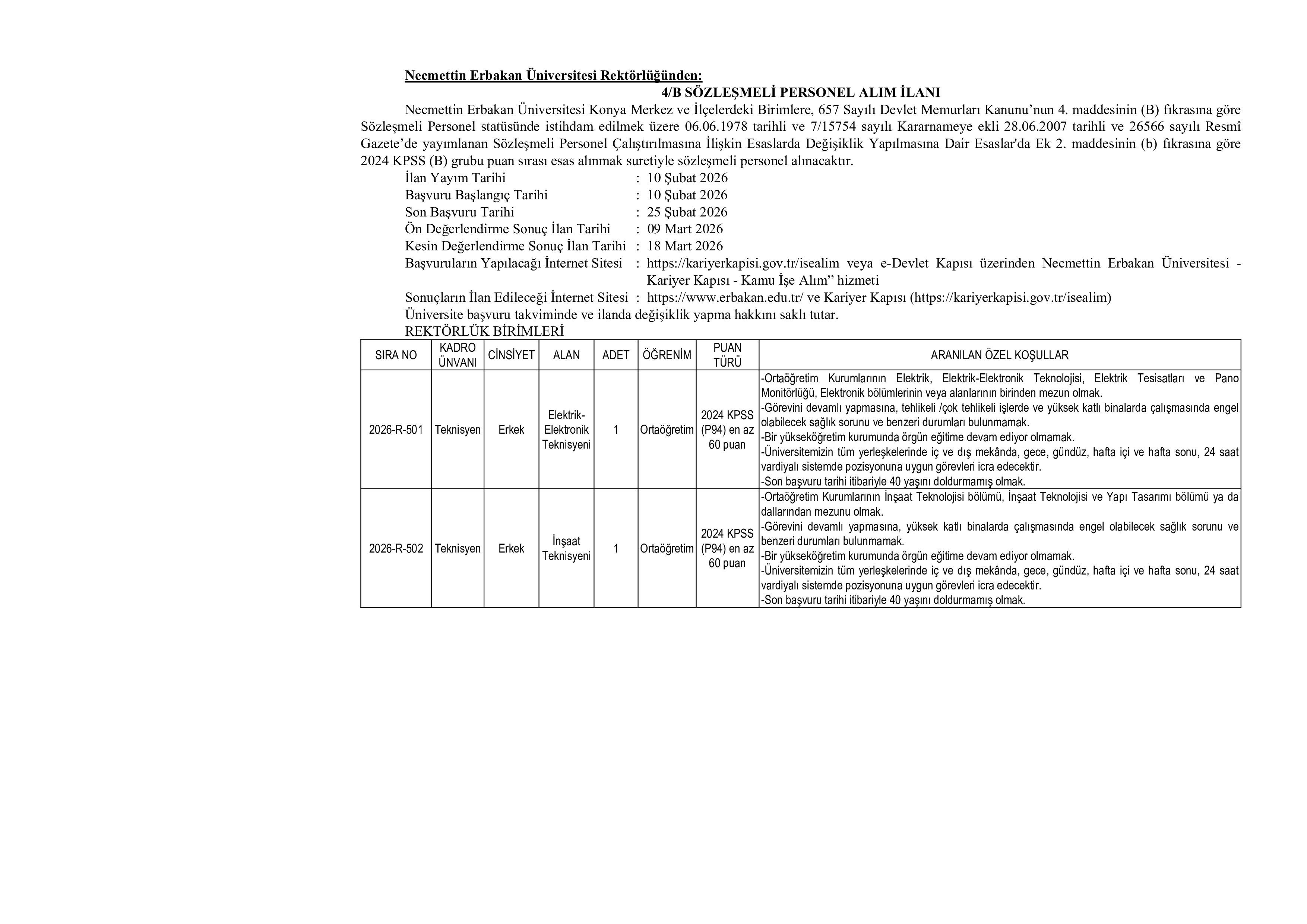 İlan İçeriği Sayfa 1 NECMETTİN ERBAKAN ÜNİVERSİTESİ 34 SÖZLEŞMELİ PERSONEL ALACAK ( 10 Şubat - 25 Şubat) İlan İçeriği Sayfa 1