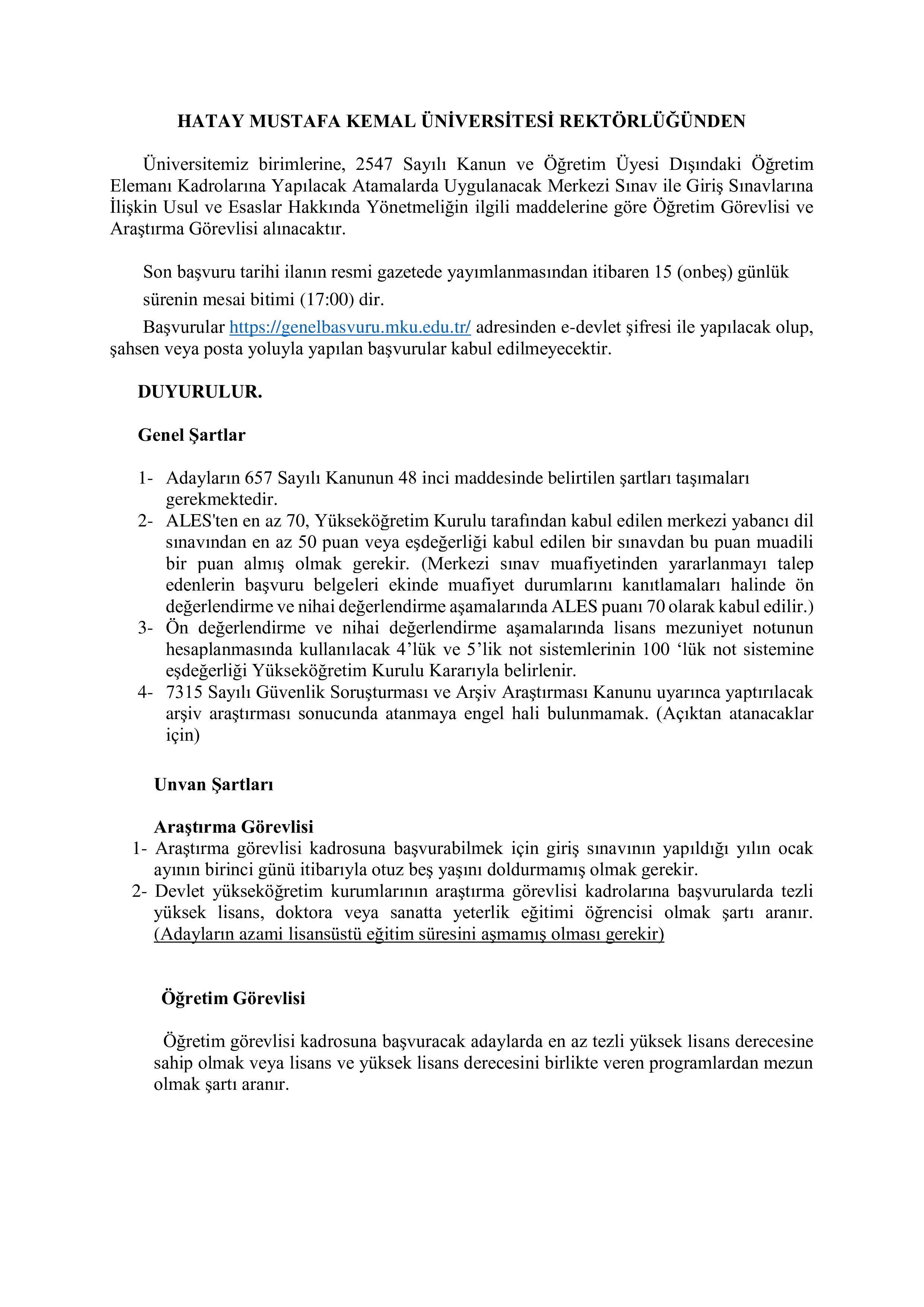 HATAY MUSTAFA KEMAL ÜNİVERSİTESİ HATAY MUSTAFA KEMAL ÜNİVERSİTESİ  10  ÖĞRETİM ELEMANI ALACAK ( 11 Aralık - 25 Aralık) İlan İçeriği Sayfa 1
