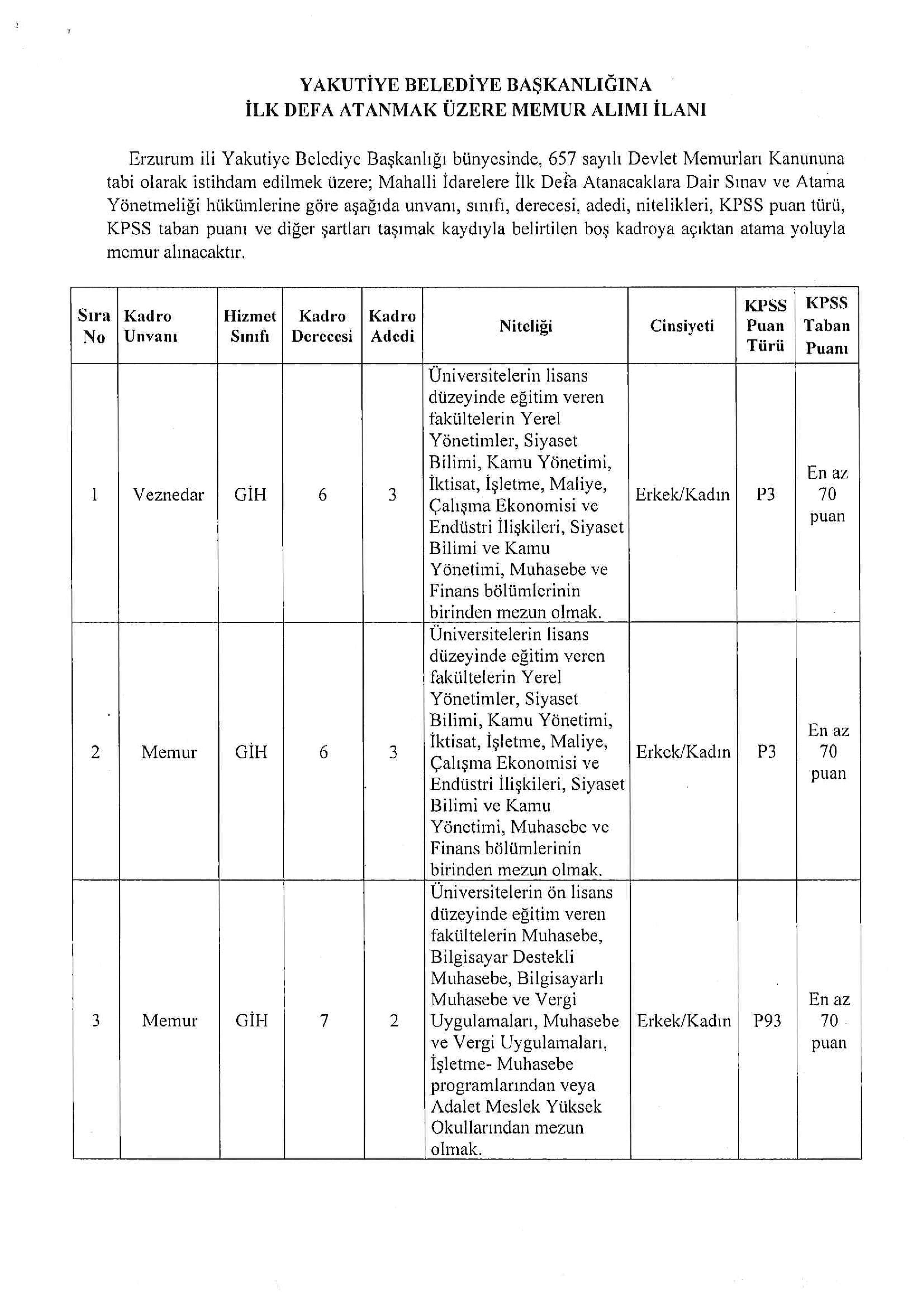 YAKUTİYE BELEDİYE BAŞKANLIĞI 8 MEMUR ALACAK ( 19 Ocak - 22 Ocak) İlan İçeriği Sayfa 1