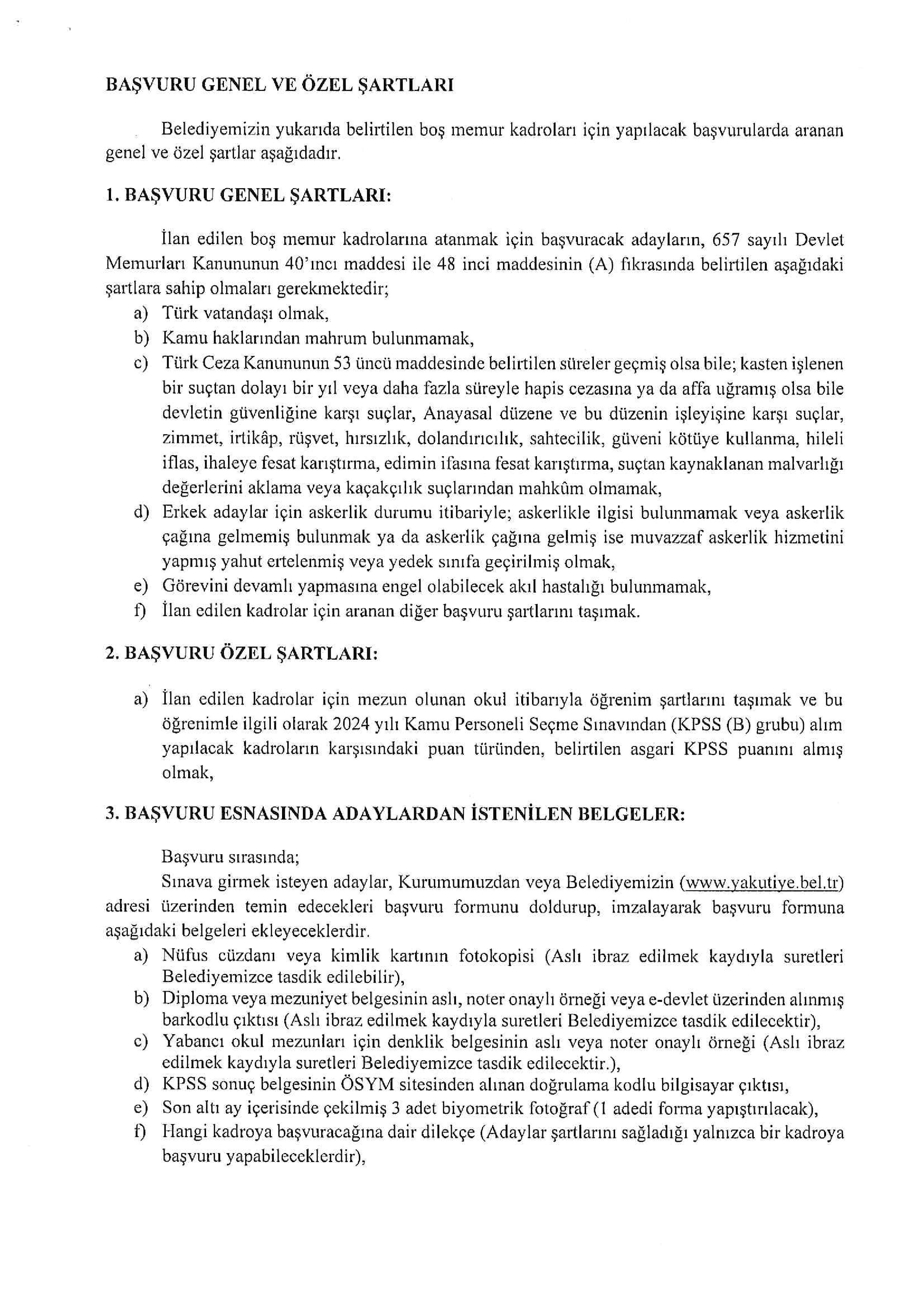 YAKUTİYE BELEDİYE BAŞKANLIĞI 8 MEMUR ALACAK ( 19 Ocak - 22 Ocak) İlan İçeriği Sayfa 2