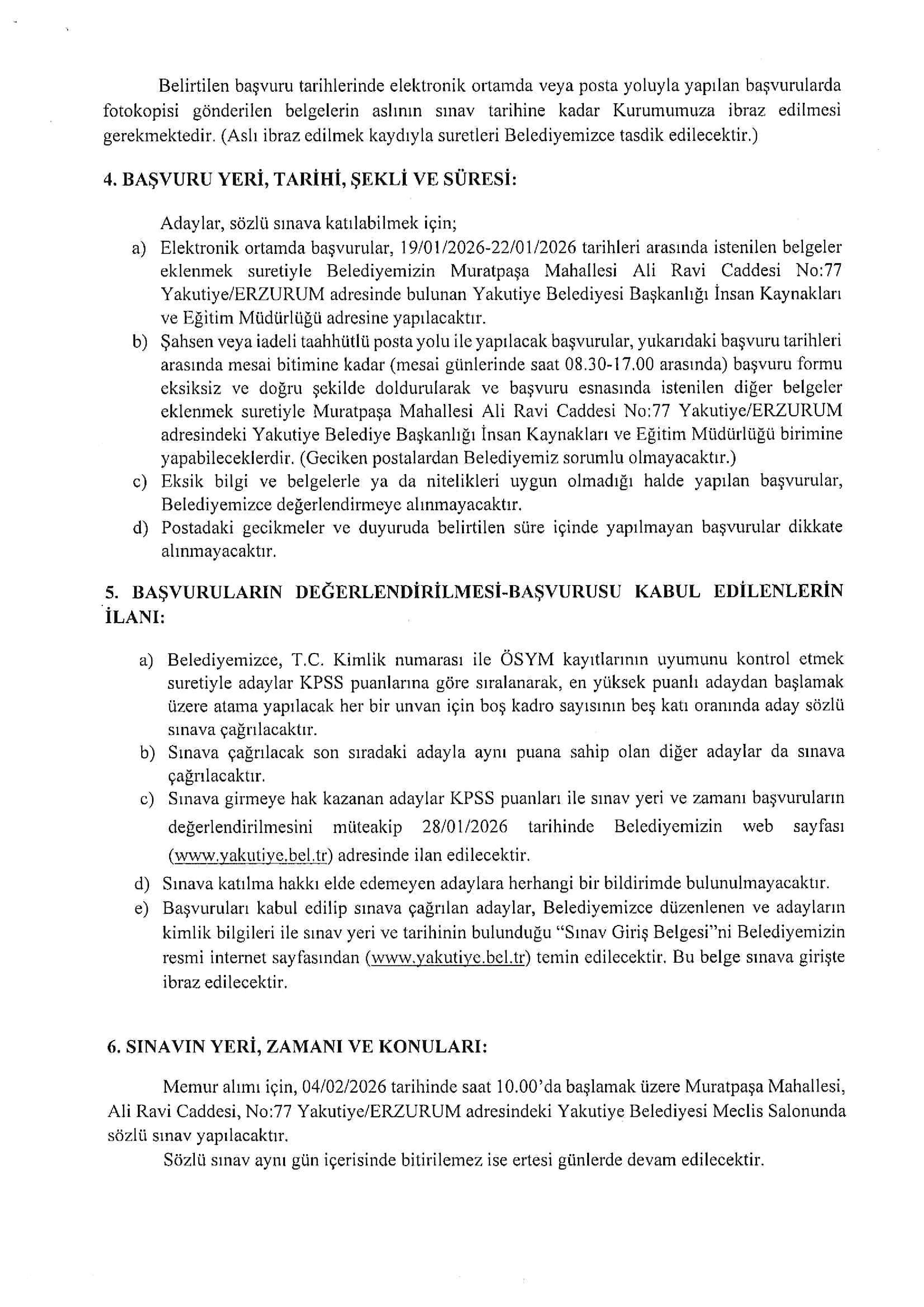 YAKUTİYE BELEDİYE BAŞKANLIĞI 8 MEMUR ALACAK ( 19 Ocak - 22 Ocak) İlan İçeriği Sayfa 3