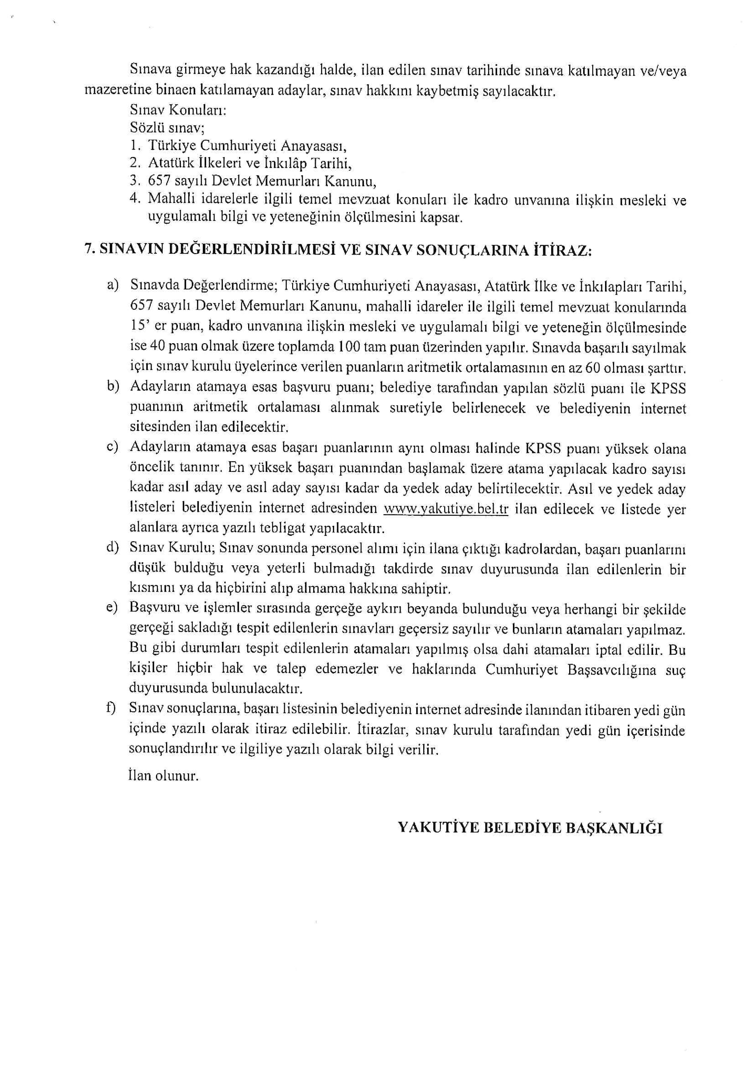YAKUTİYE BELEDİYE BAŞKANLIĞI 8 MEMUR ALACAK ( 19 Ocak - 22 Ocak) İlan İçeriği Sayfa 4