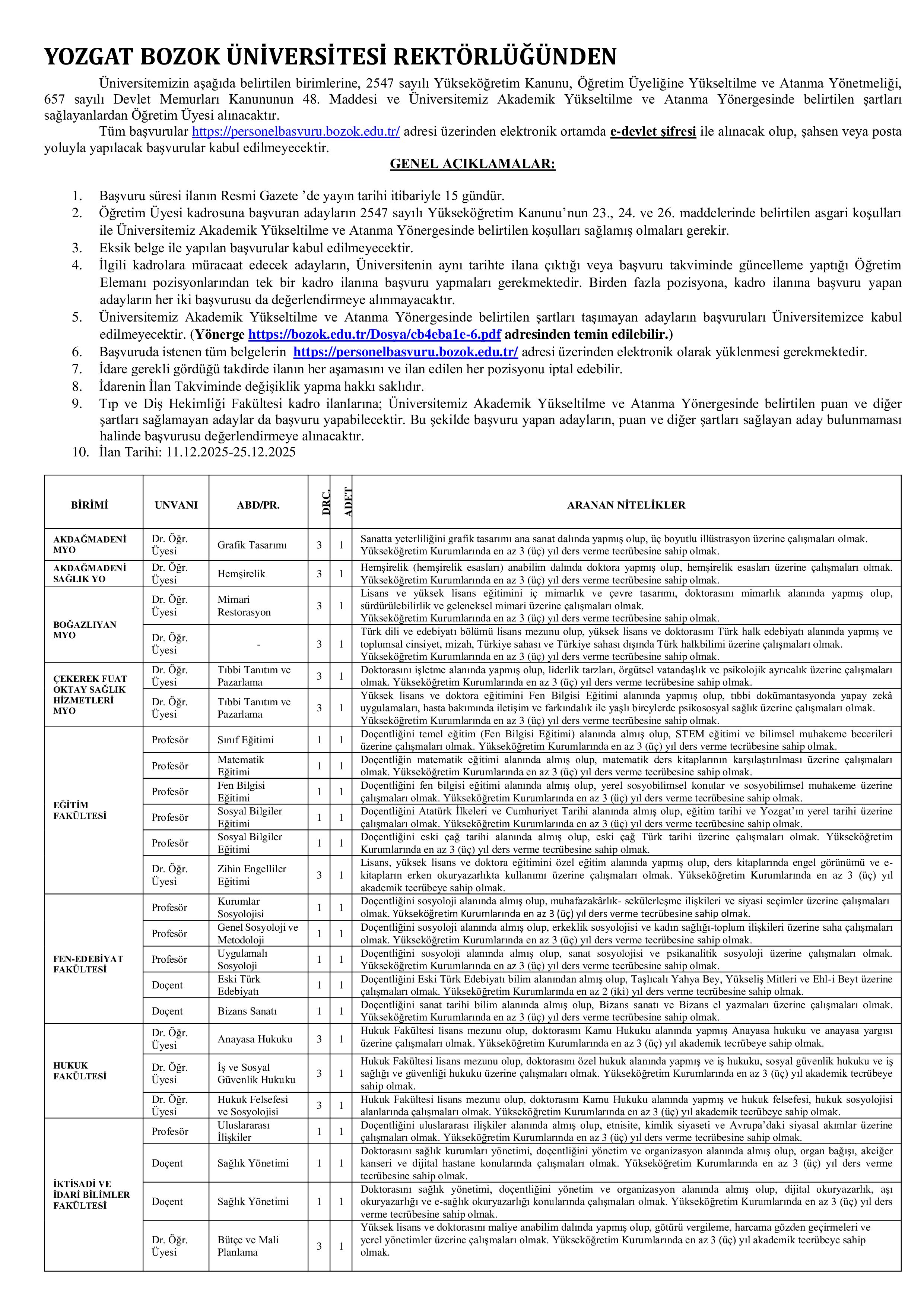 İlan İçeriği Sayfa 1 YOZGAT BOZOK ÜNİVERSİTESİ 53 ÖĞRETİM ÜYESİ ALACAK ( 11 Aralık - 25 Aralık) İlan İçeriği Sayfa 1