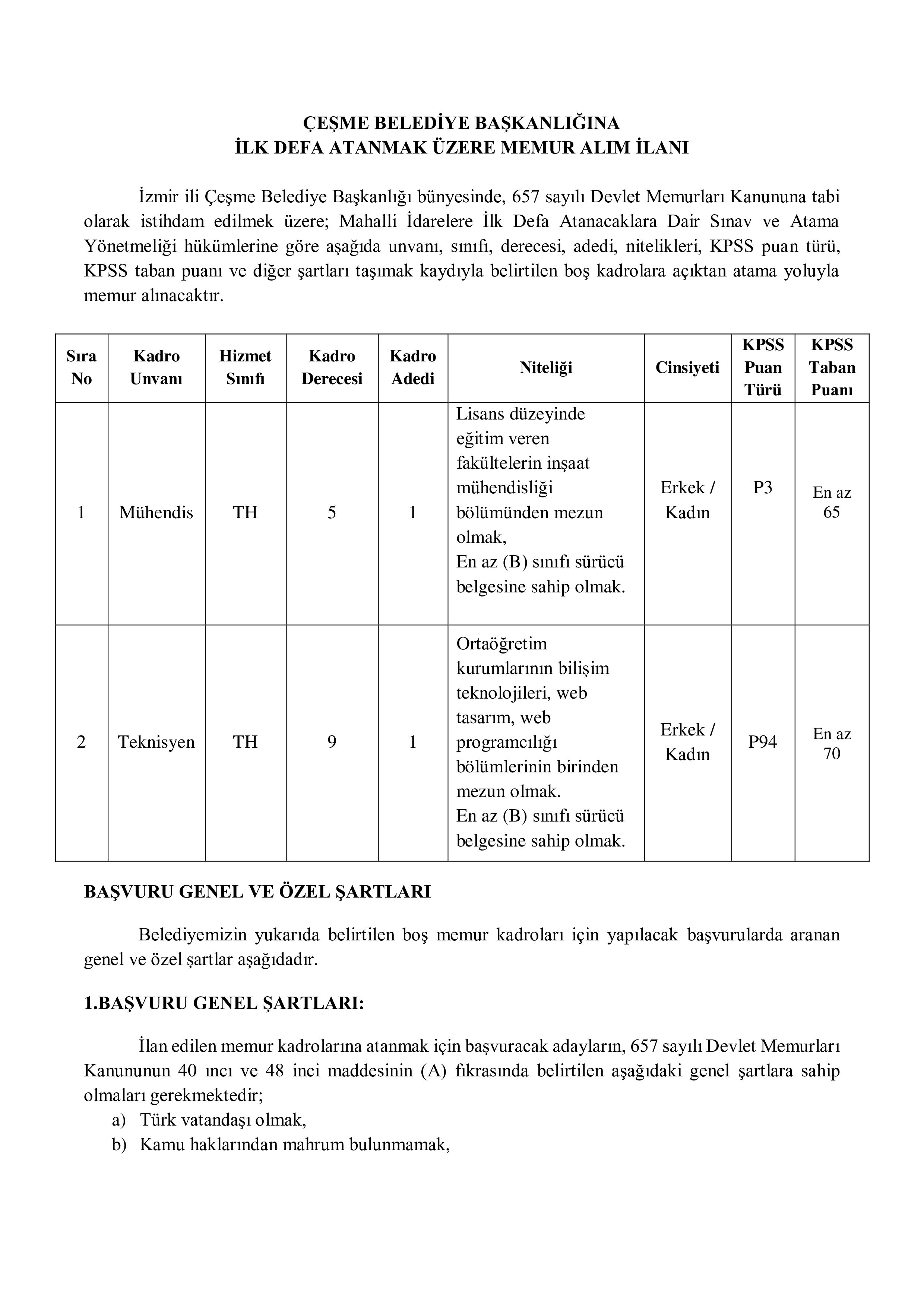 ÇEŞME BELEDİYE BAŞKANLIĞI 2 MEMUR ALACAK ( 23 Aralık - 25 Aralık) İlan İçeriği Sayfa 1