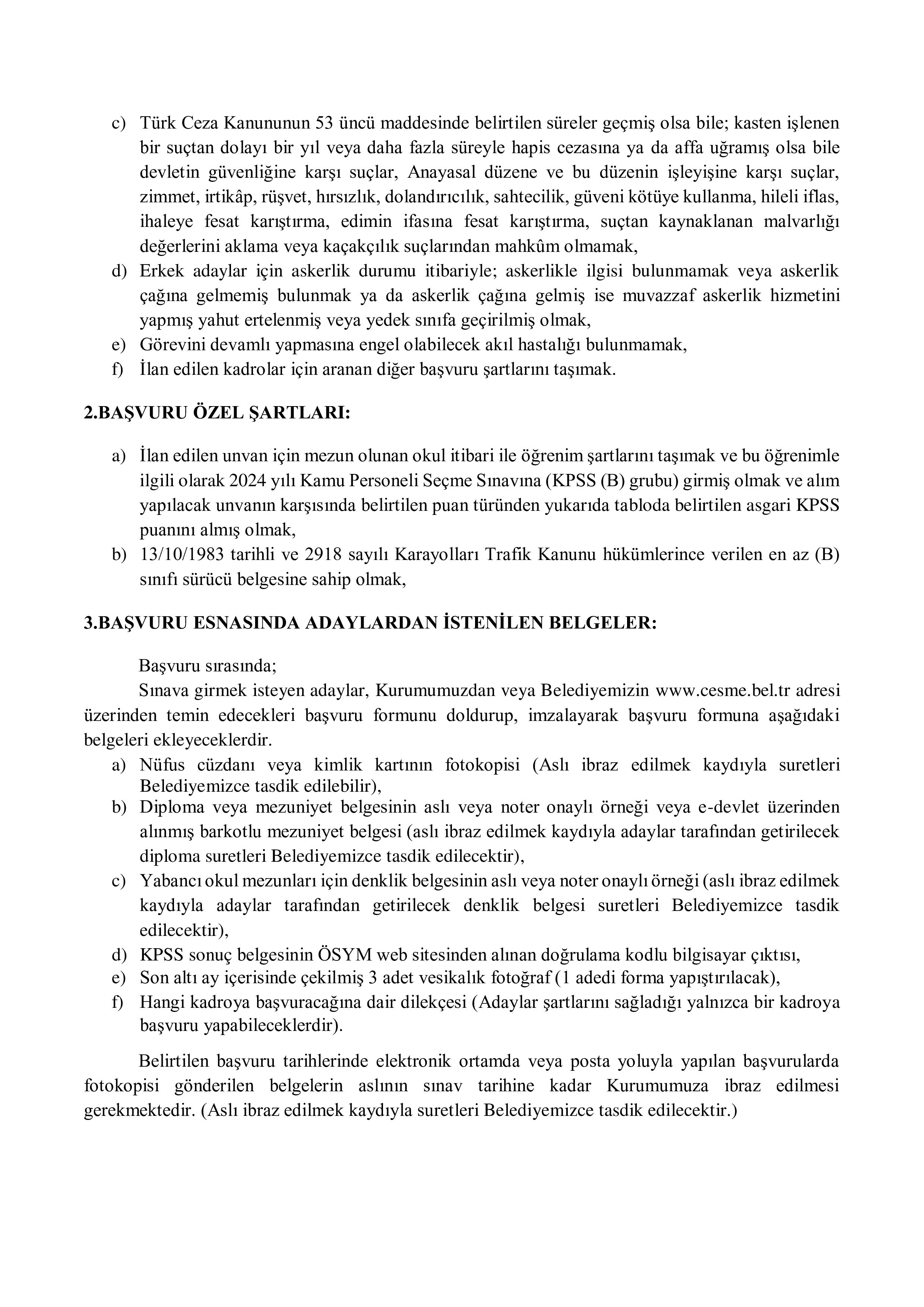 ÇEŞME BELEDİYE BAŞKANLIĞI 2 MEMUR ALACAK ( 23 Aralık - 25 Aralık) İlan İçeriği Sayfa 2