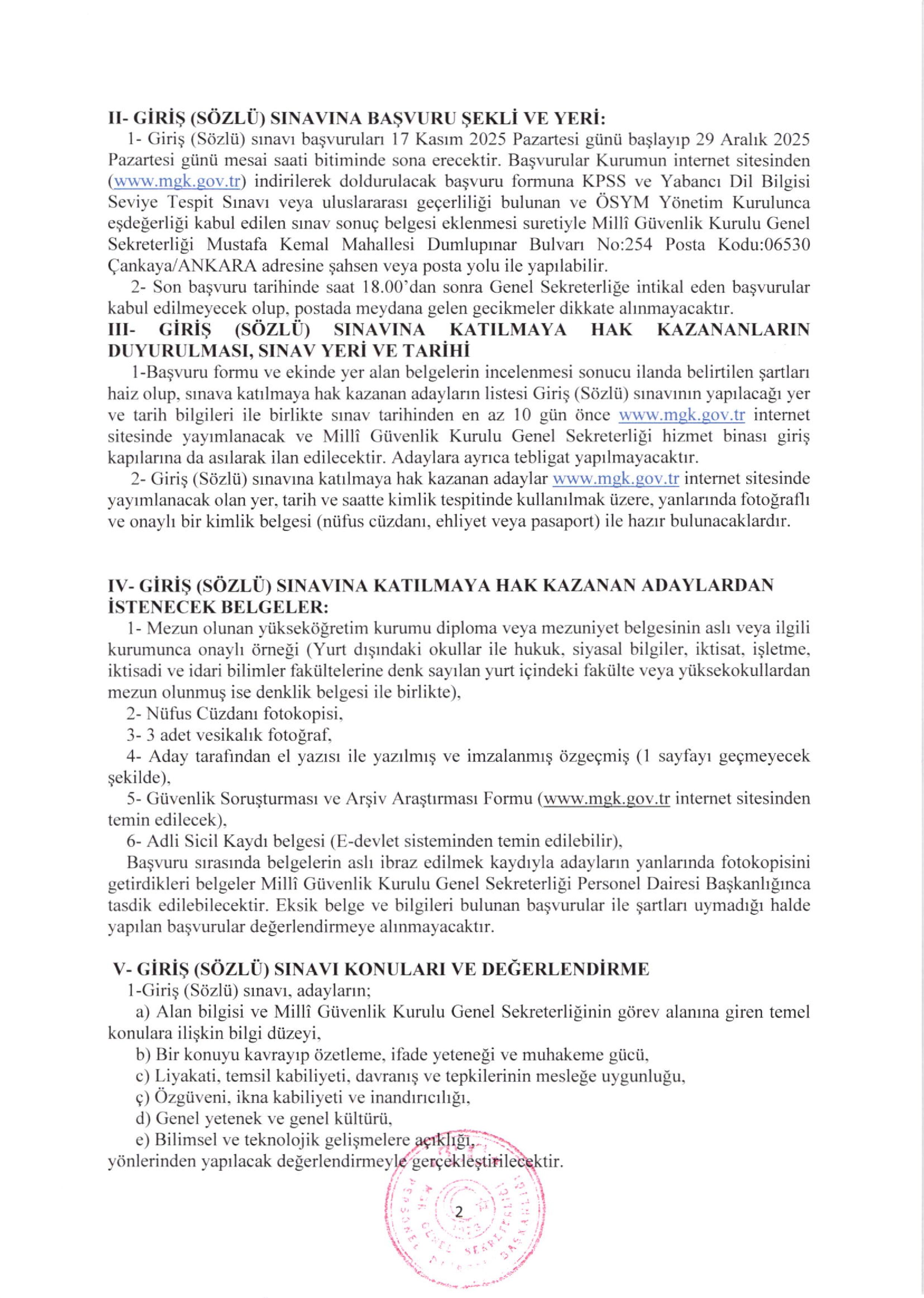 MİLLİ GÜVENLİK KURULU GENEL SEKRETERLİĞİ 20 UZMAN YARDIMCISI ALACAK ( 17 Kasım - 29 Aralık) İlan İçeriği Sayfa 2
