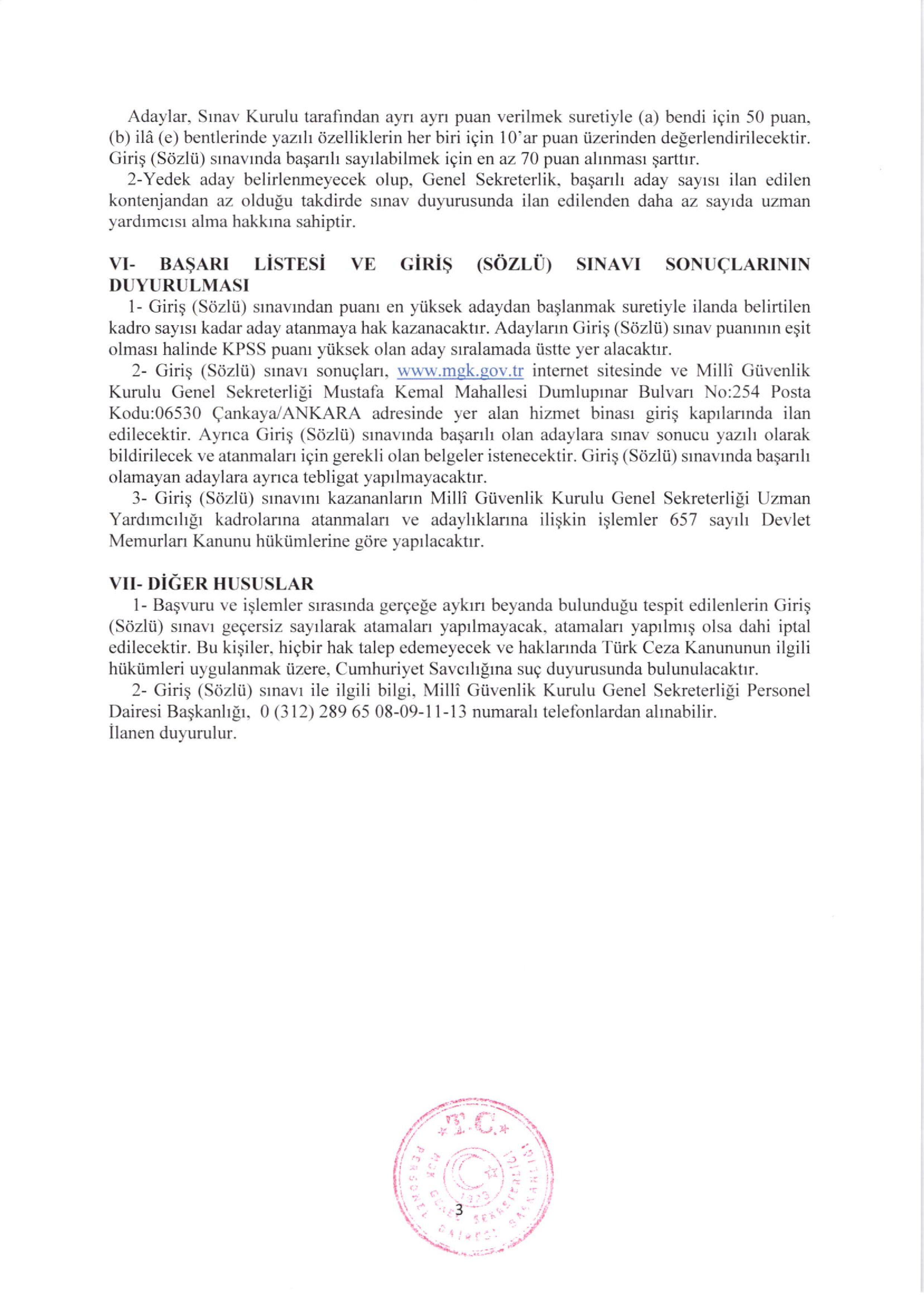 MİLLİ GÜVENLİK KURULU GENEL SEKRETERLİĞİ 20 UZMAN YARDIMCISI ALACAK ( 17 Kasım - 29 Aralık) İlan İçeriği Sayfa 3
