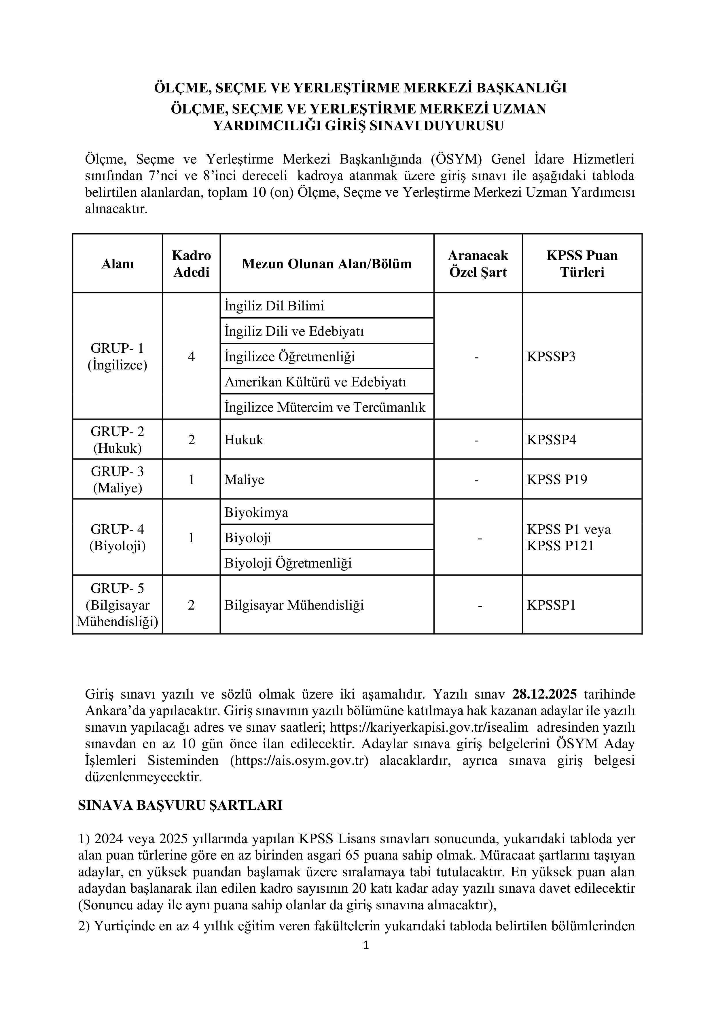 İlan İçeriği Sayfa 1 ÖLÇME, SEÇME VE YERLEŞTİRME MERKEZİ BAŞKANLIĞI ÖSYM UZMAN YARDIMCILIĞI GİRİŞ SINAVI DUYURUSU ( 11 Kasım - 25 Kasım) İlan İçeriği Sayfa 1