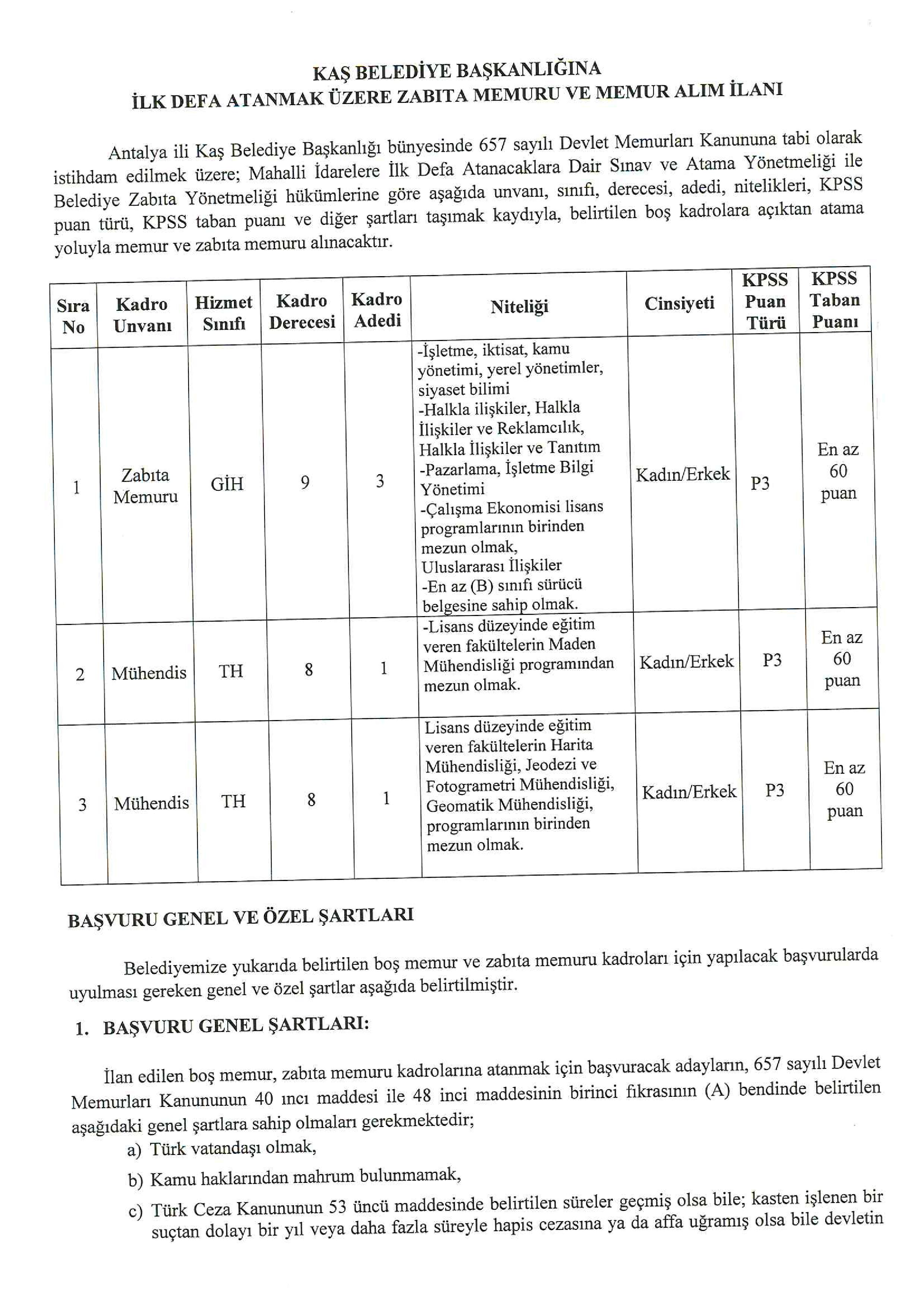 İlan İçeriği Sayfa 1 KAŞ (ANTALYA) BELEDİYE BAŞKANLIĞI 5 MEMUR ALACAK ( 20 Nisan - 22 Nisan) İlan İçeriği Sayfa 1