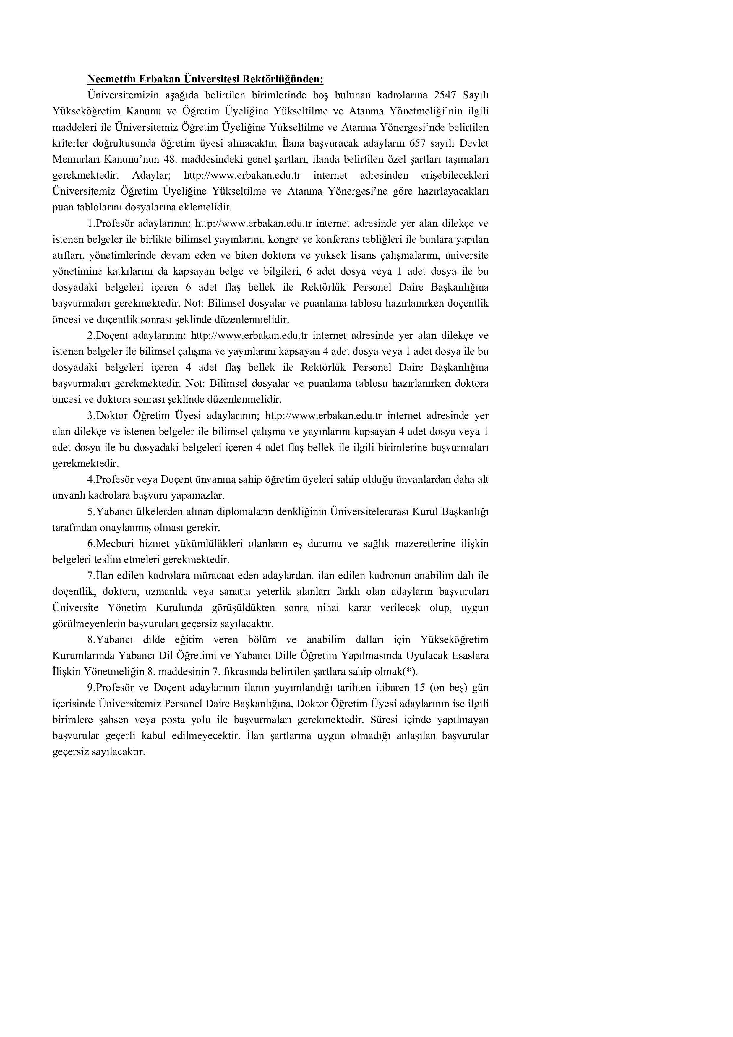 NECMETTİN ERBAKAN ÜNİVERSİTESİ 62 ÖĞRETİM ÜYESİ ALACAK ( 11 Mayıs - 2 Haziran) İlan İçeriği Sayfa 1