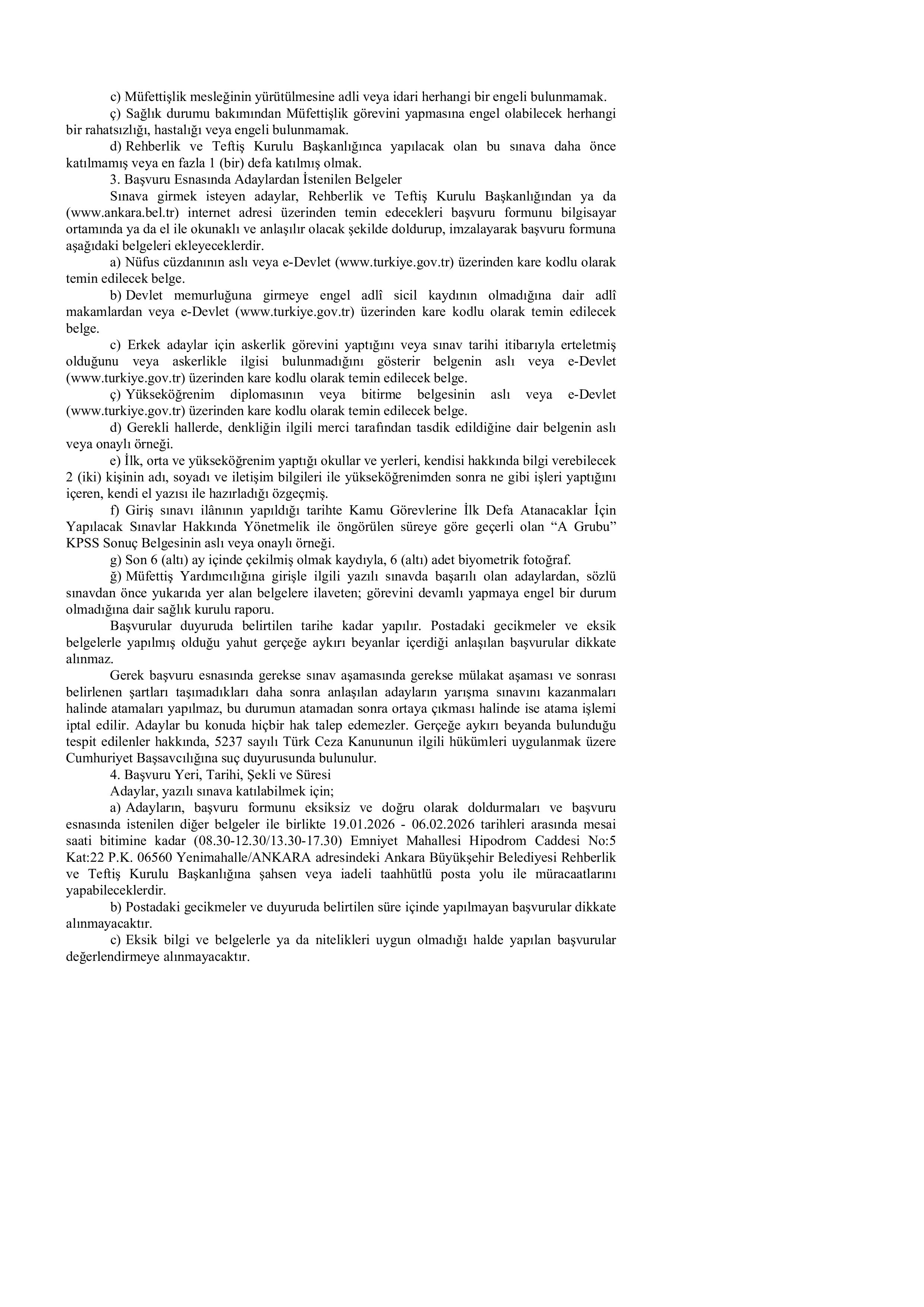 ANKARA BÜYÜKŞEHİR BELEDİYE BAŞKANLIĞI 5 MÜFETTİŞ YARDIMCISI ALACAK ( 19 Ocak - 6 Şubat) İlan İçeriği Sayfa 2