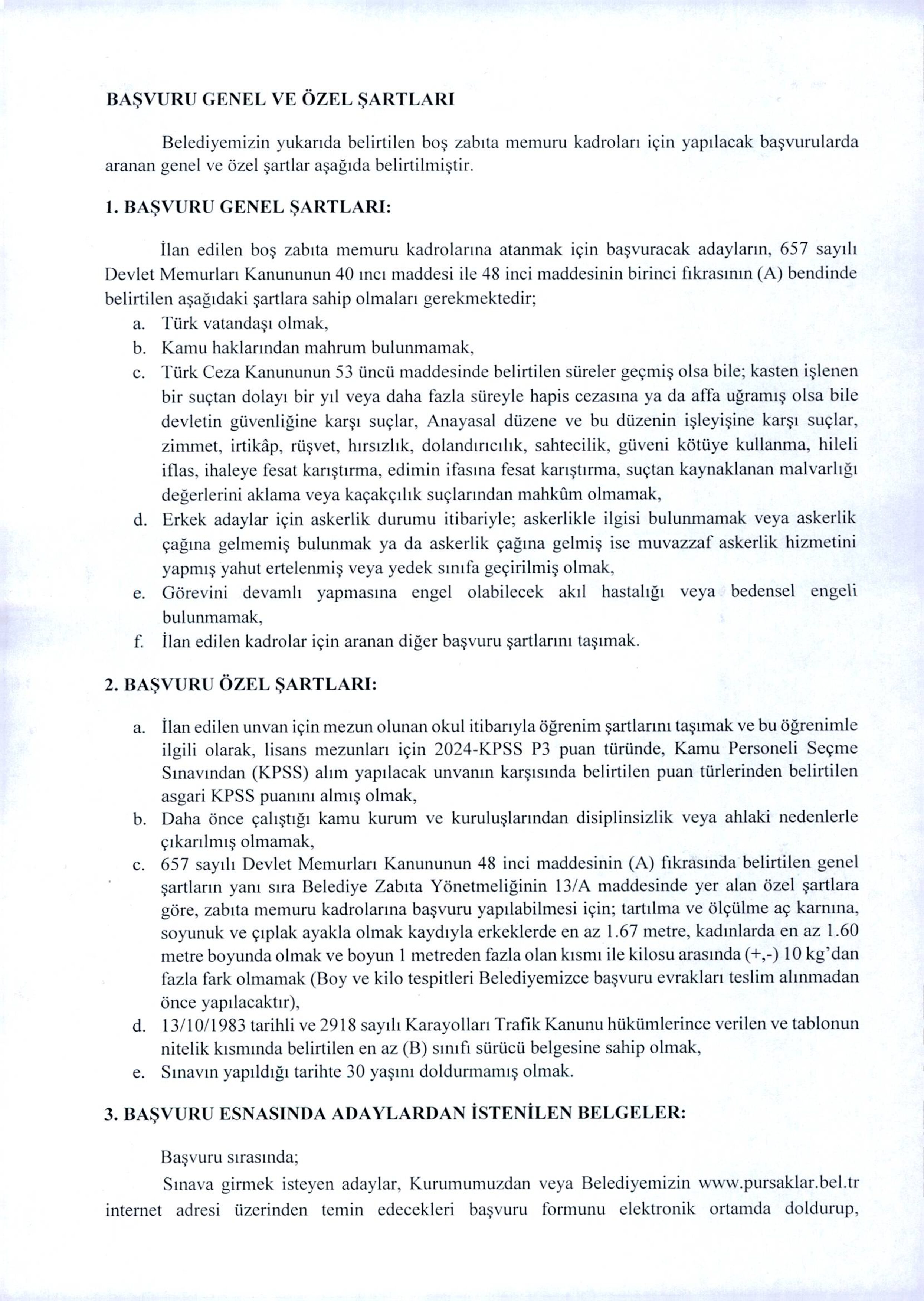 PURSAKLAR BELEDİYE BAŞKANLIĞI 15 ZABITA MEMURU ALACAK ( 6 Ekim - 10 Ekim) İlan İçeriği Sayfa 2